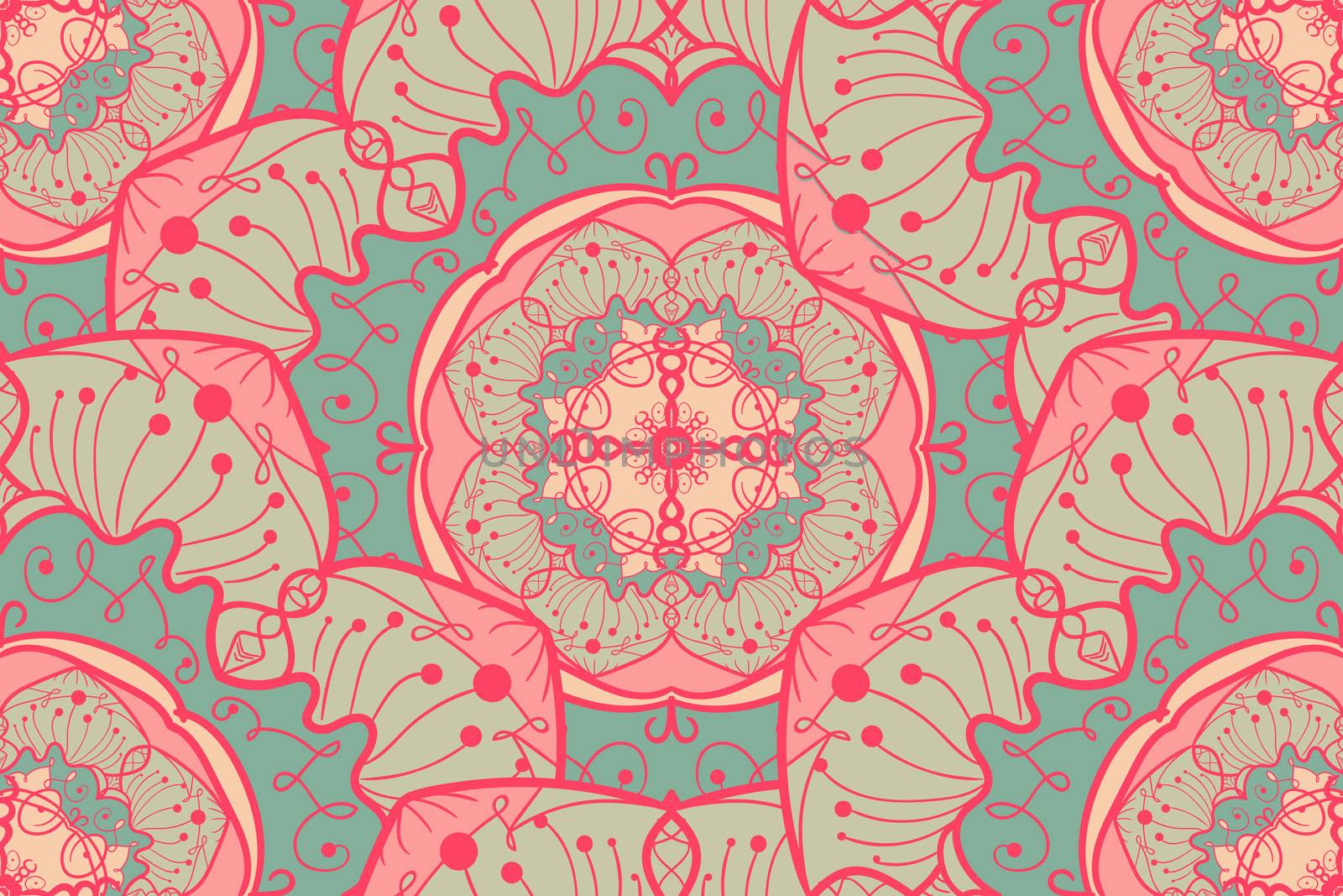 Hand drawn Mandala Seamless Pattern. Arabic, indian, turkish and ottoman culture decoration style. Ethnic ornamental background. Magic vintage template of greeting, card, print, cloth, tattoo. Vector