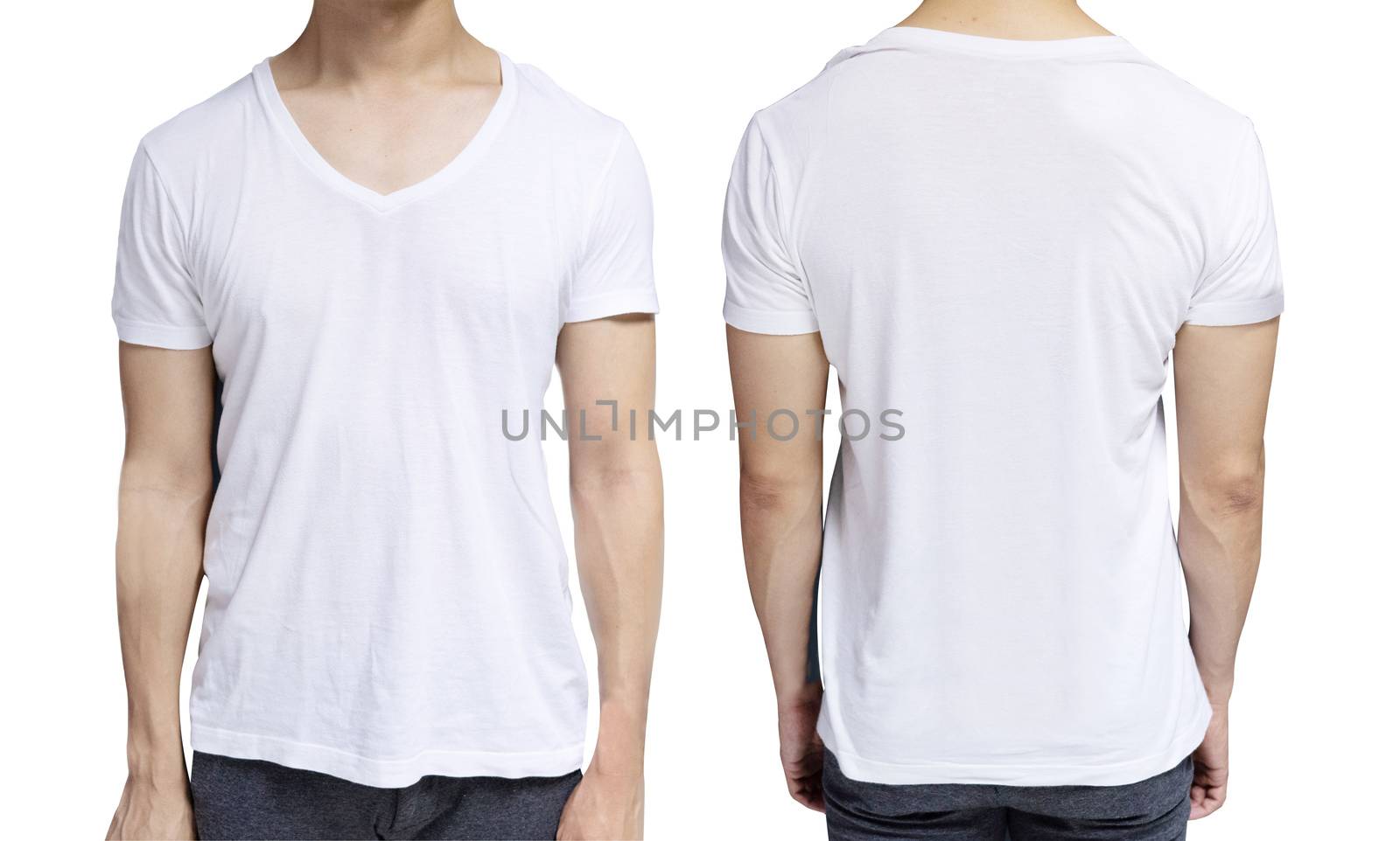 White blank v-neck shirt on human body for graphic design mock u by Charnsitr
