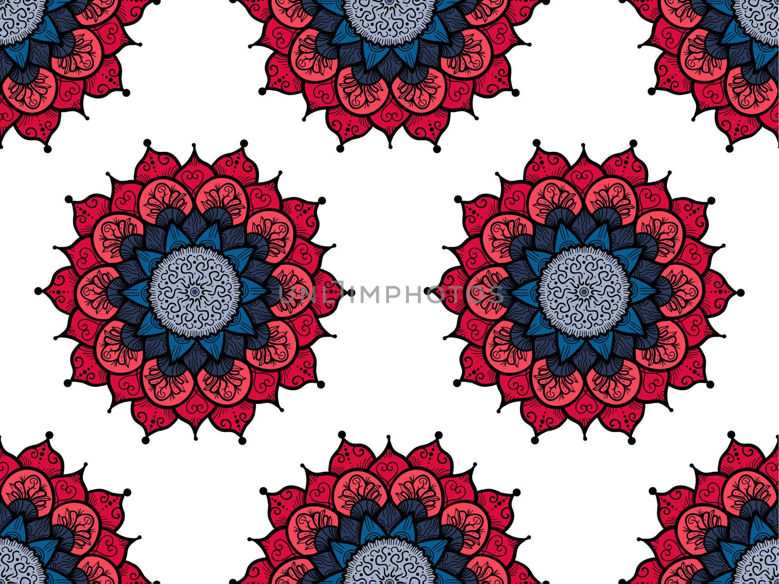 Hand drawn Mandala Seamless Pattern. Arabic, indian, turkish and ottoman culture decoration style. Ethnic ornamental background. Magic vintage template of greeting, card, print, cloth, tattoo. Vector