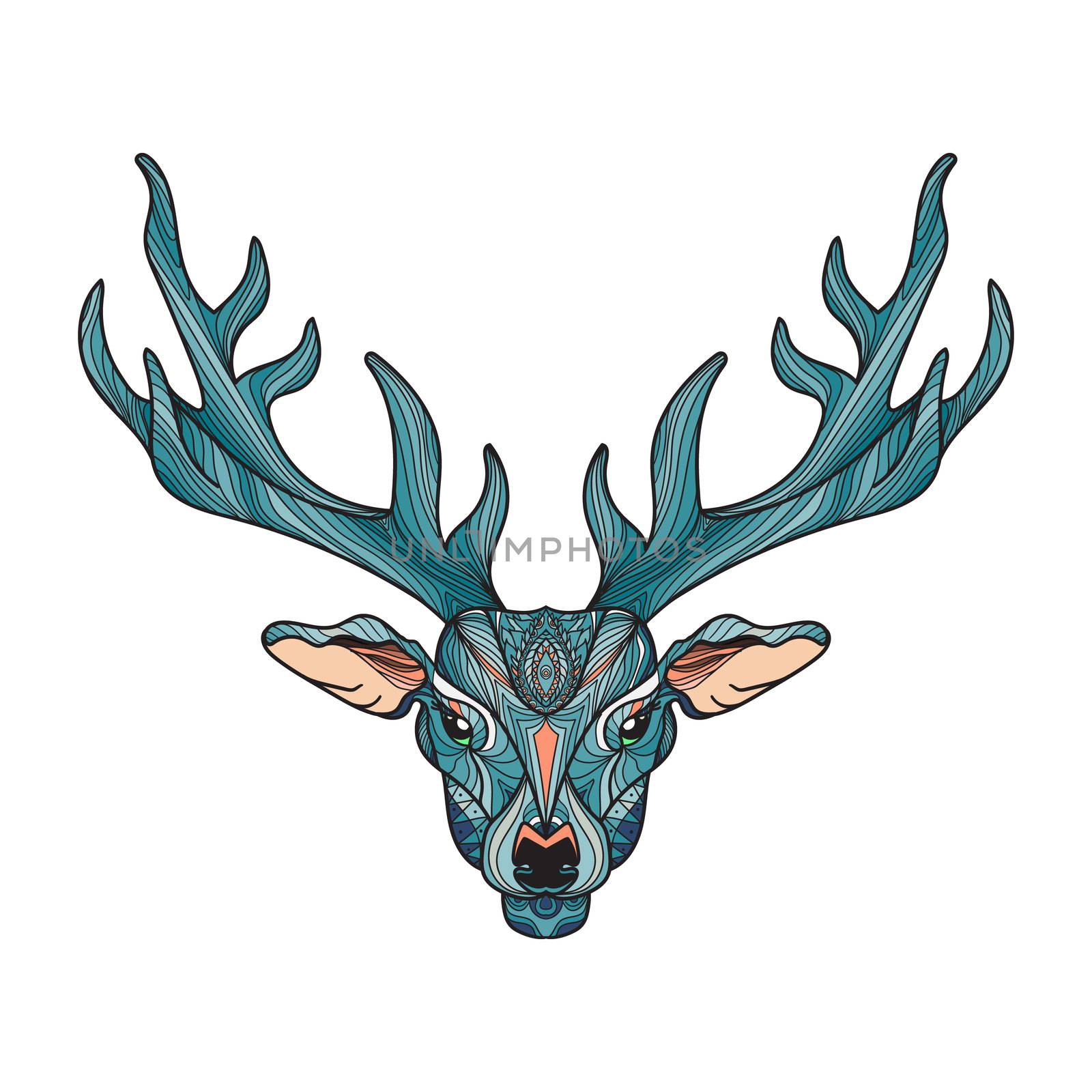 Deer bright colorful head with horns for t-shirt, tattoo, print, fabric, poster and illustrations. Vector