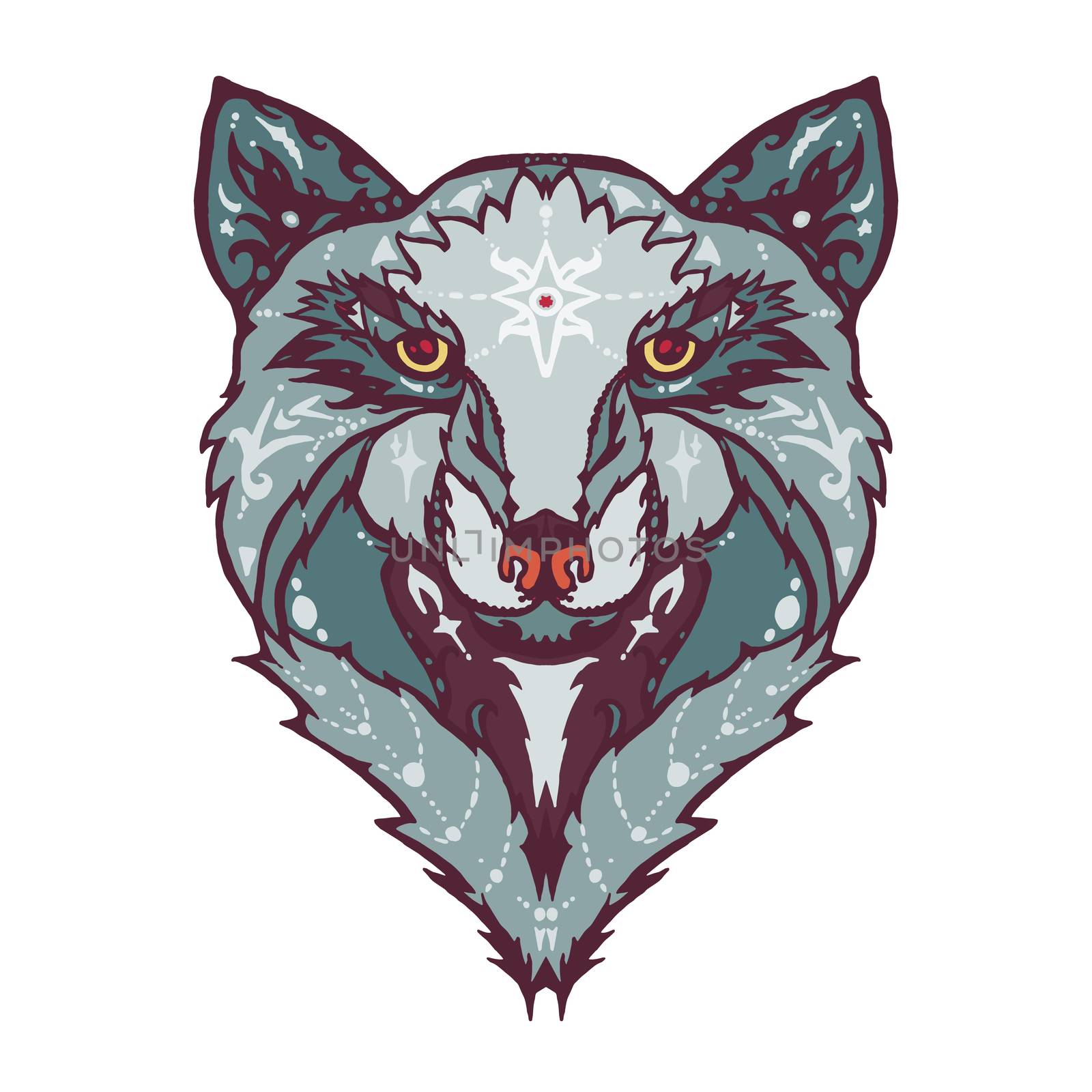 Illustration of isolated detailed wild wolf head in vintage and aztec style for textiles, print and tattoo. Line-art. Vector