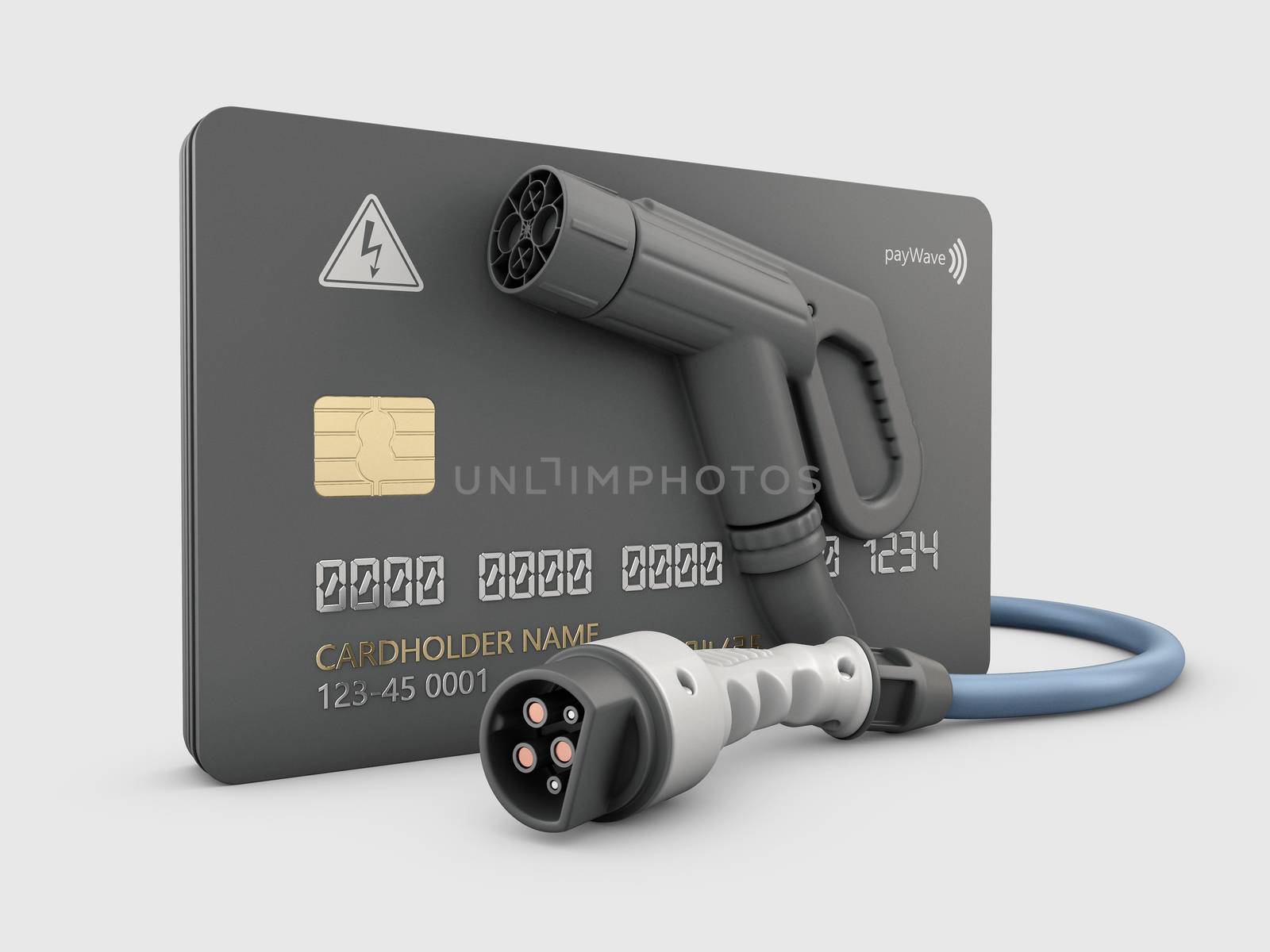 3d Rendering of Realistic credit card with nozzle charging plug.