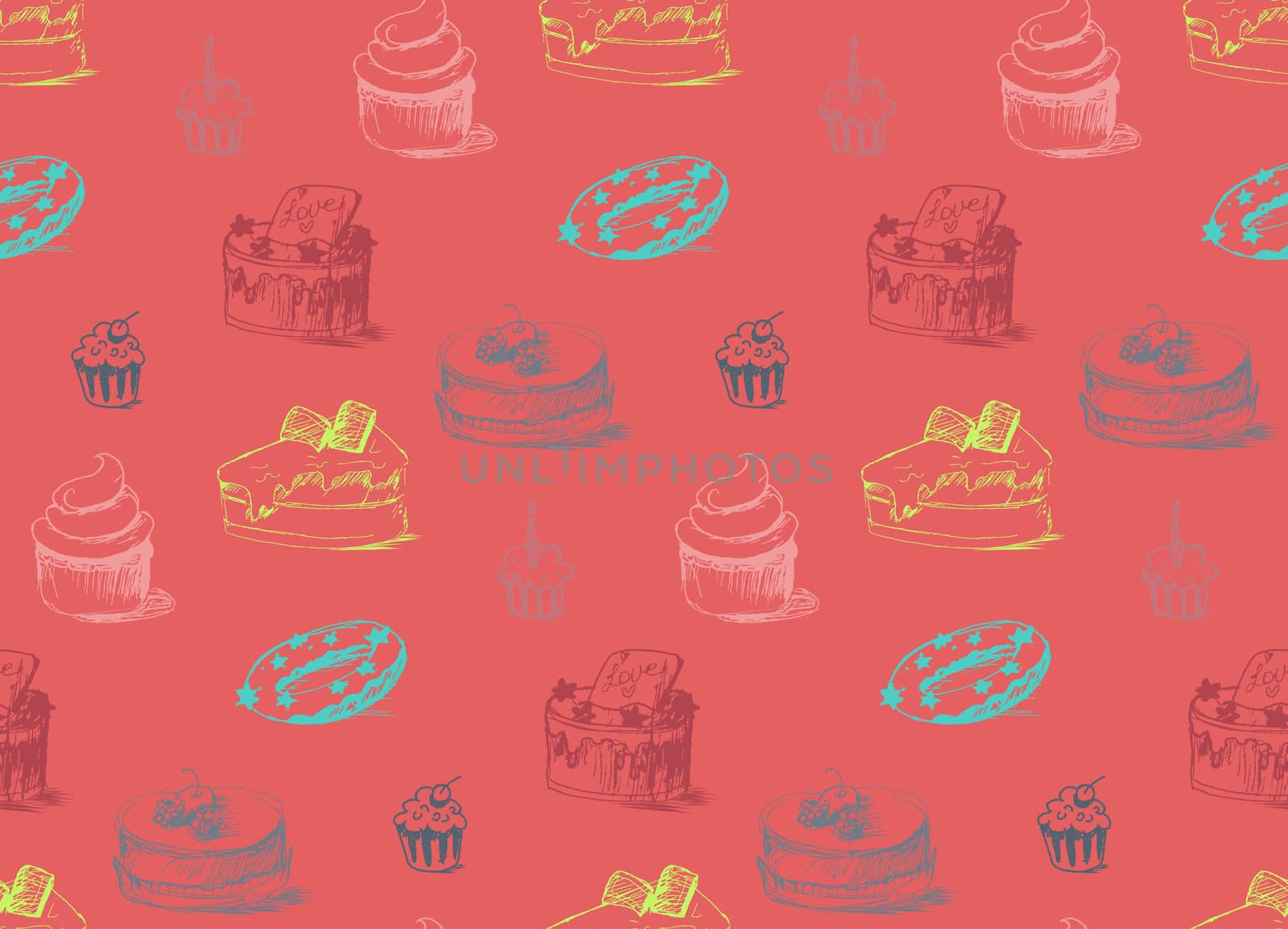 Tasty Cakes Seamless Pattern. Cream Food Background. Bakery sticker and wrap, print and fabric. Candy, sweet wallpaper. Vector