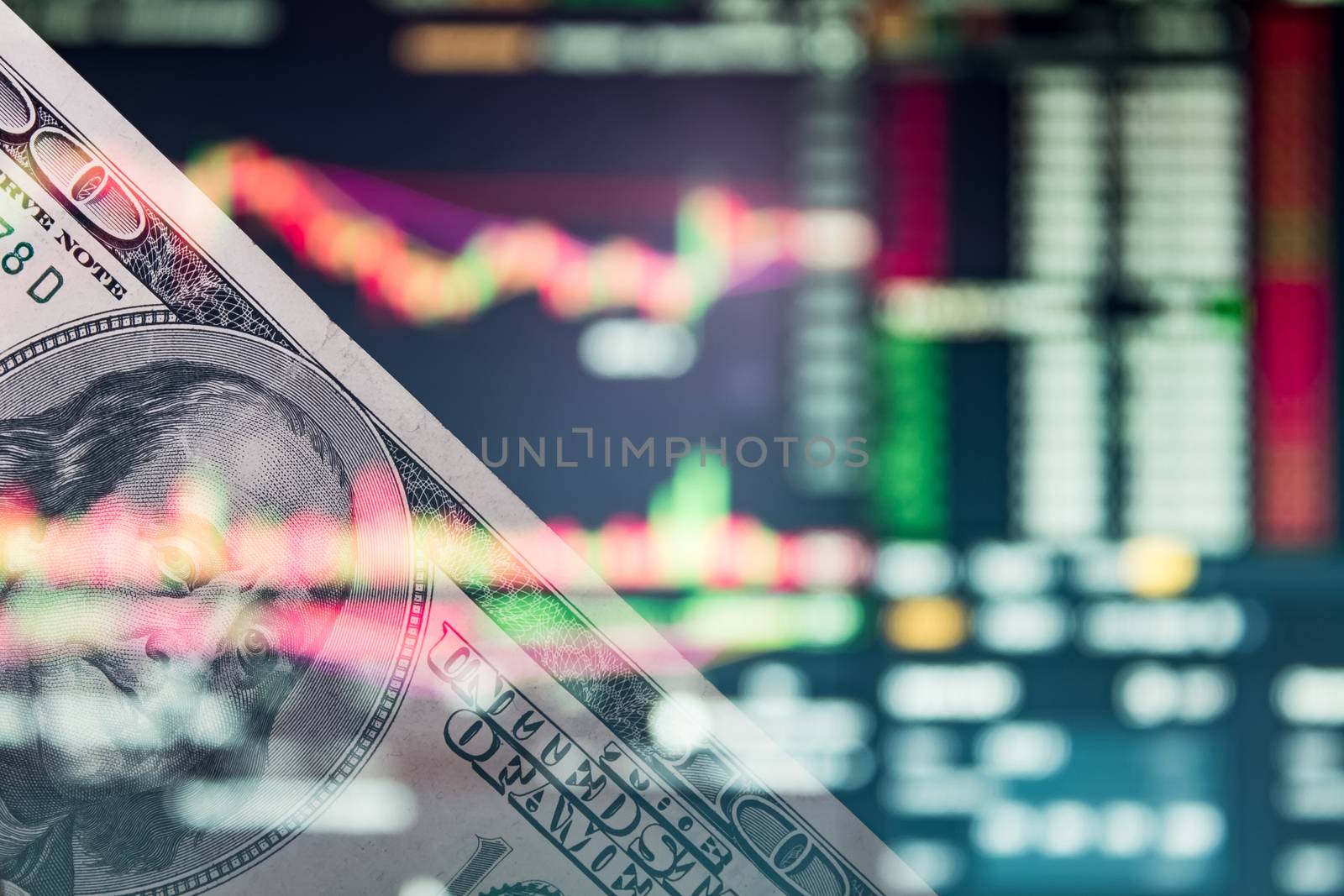 Money on the chart quotes. Us dollar on a trading chart, stock exchange or currency market. 100 bucks on Forex