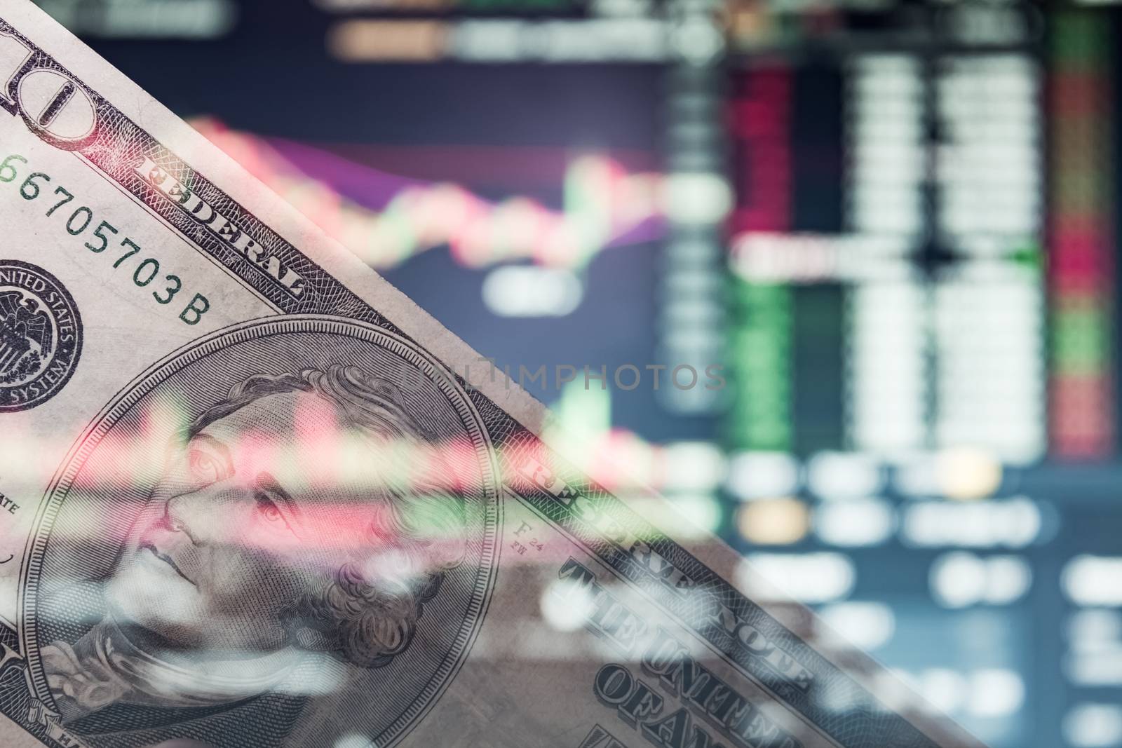 Money on the chart quotes. Us dollar on a trading chart, stock exchange or currency market. 10 bucks on Forex