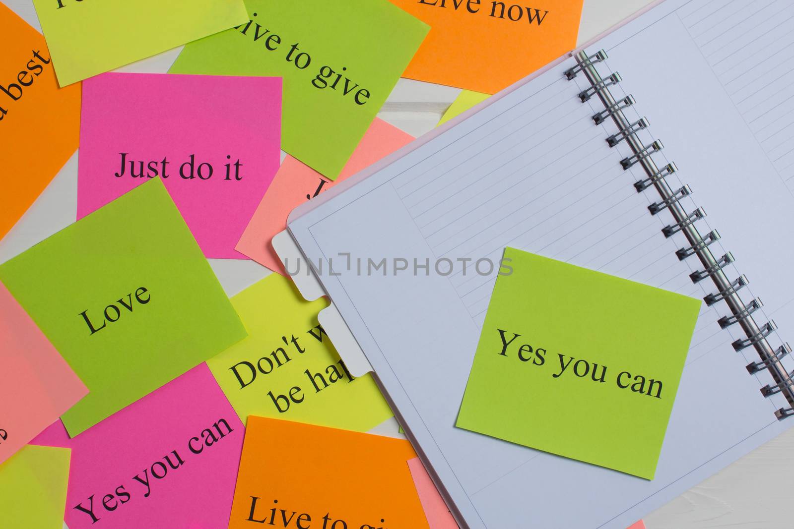 Motivational words on colorful stickers on white background. A vision Board. Copy space. Cards with words. Affirmation, development, training, seminar. Plan, strategy, to-do list, concept. Creativity,