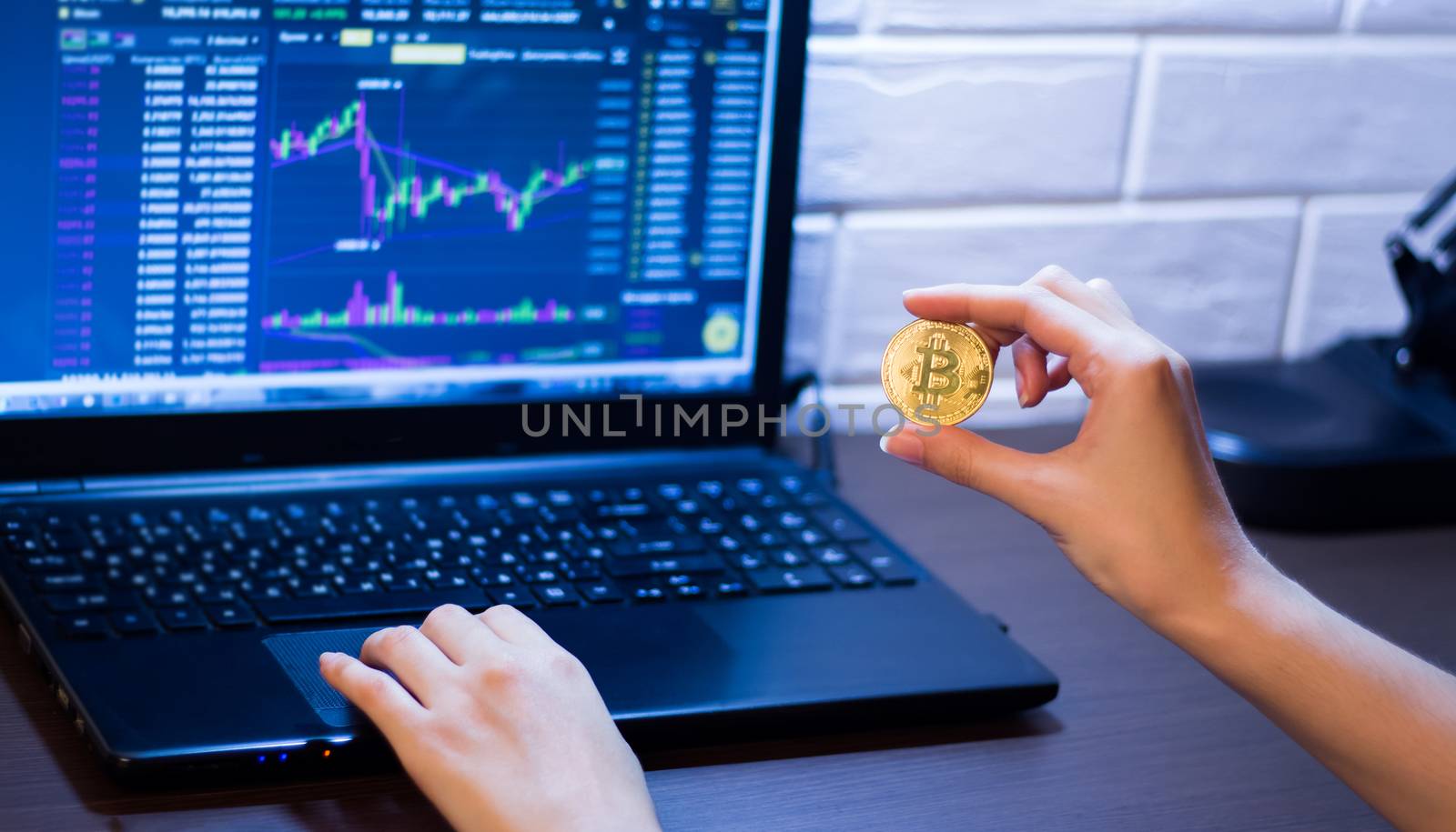 Cryptocurrency. A girl holds a Bitcoin coin sitting in front of a laptop analyzing a trader's price chart on the exchange or Forex. Bitcoin in hand against the background of trading charts.