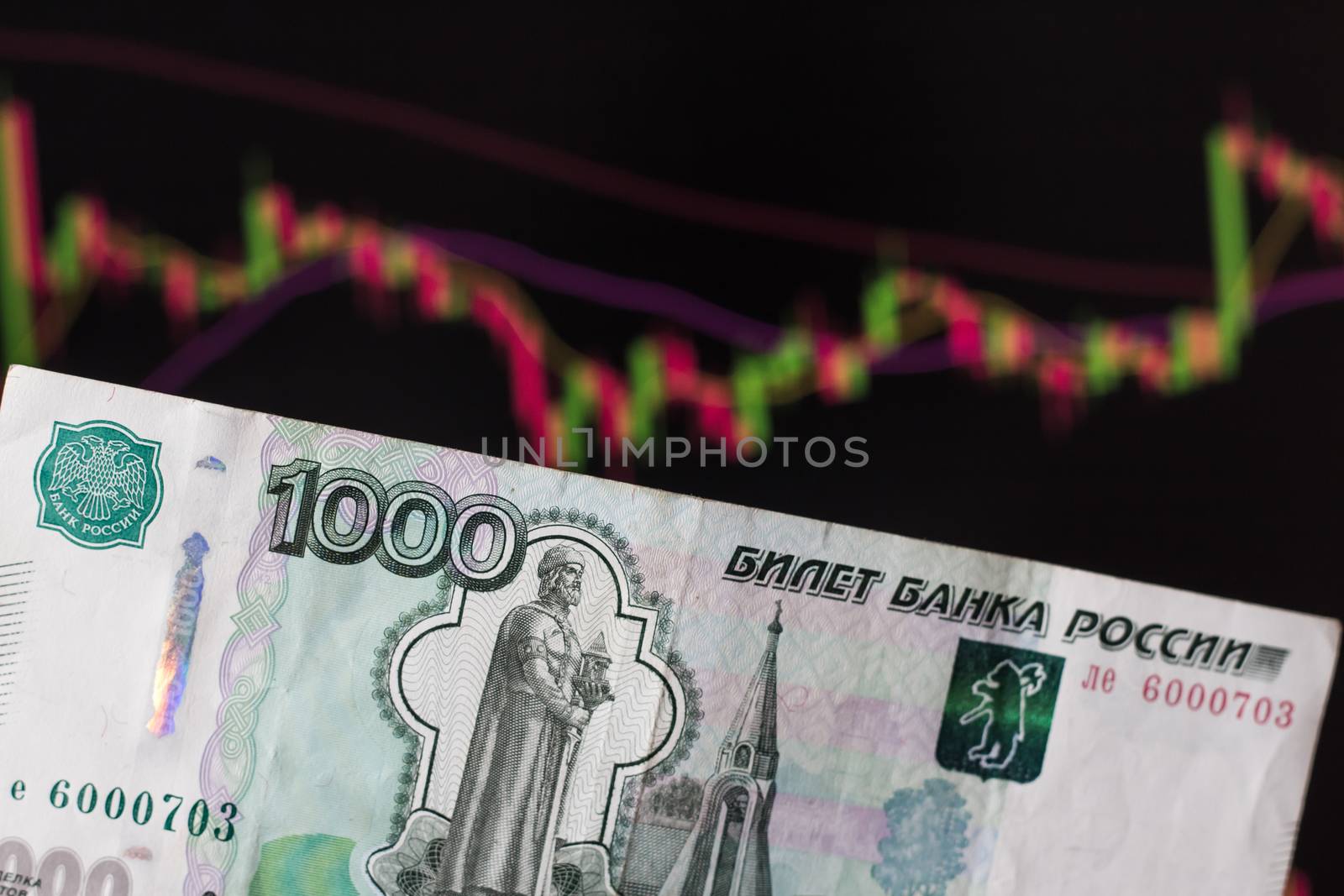 Russian rubles in front of a computer monitor with the currency market and Forex trading chart. Trading stocks, bonds, and securities on the stock exchange. Trader in Russia with ruble.