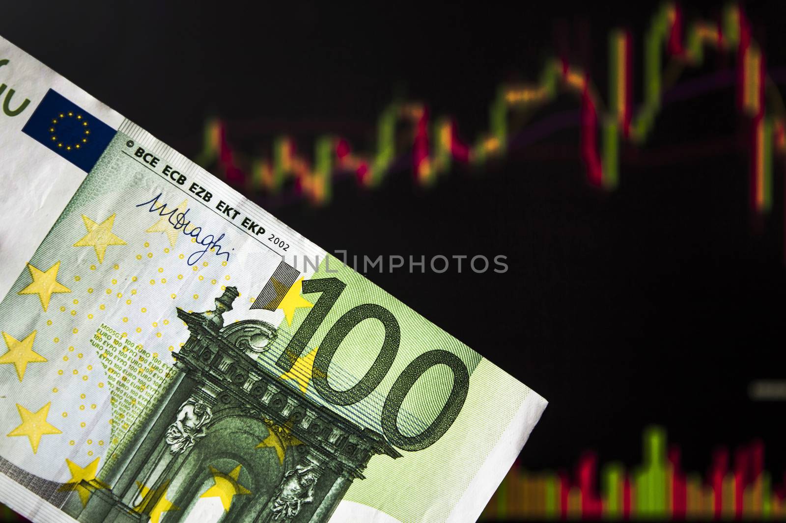 Hands holding euro, EUR in front of a laptop monitor with a price chart.Forex and trading.A trader trades stocks,bonds and securities or currencies on the Forex market or stock exchange for euro