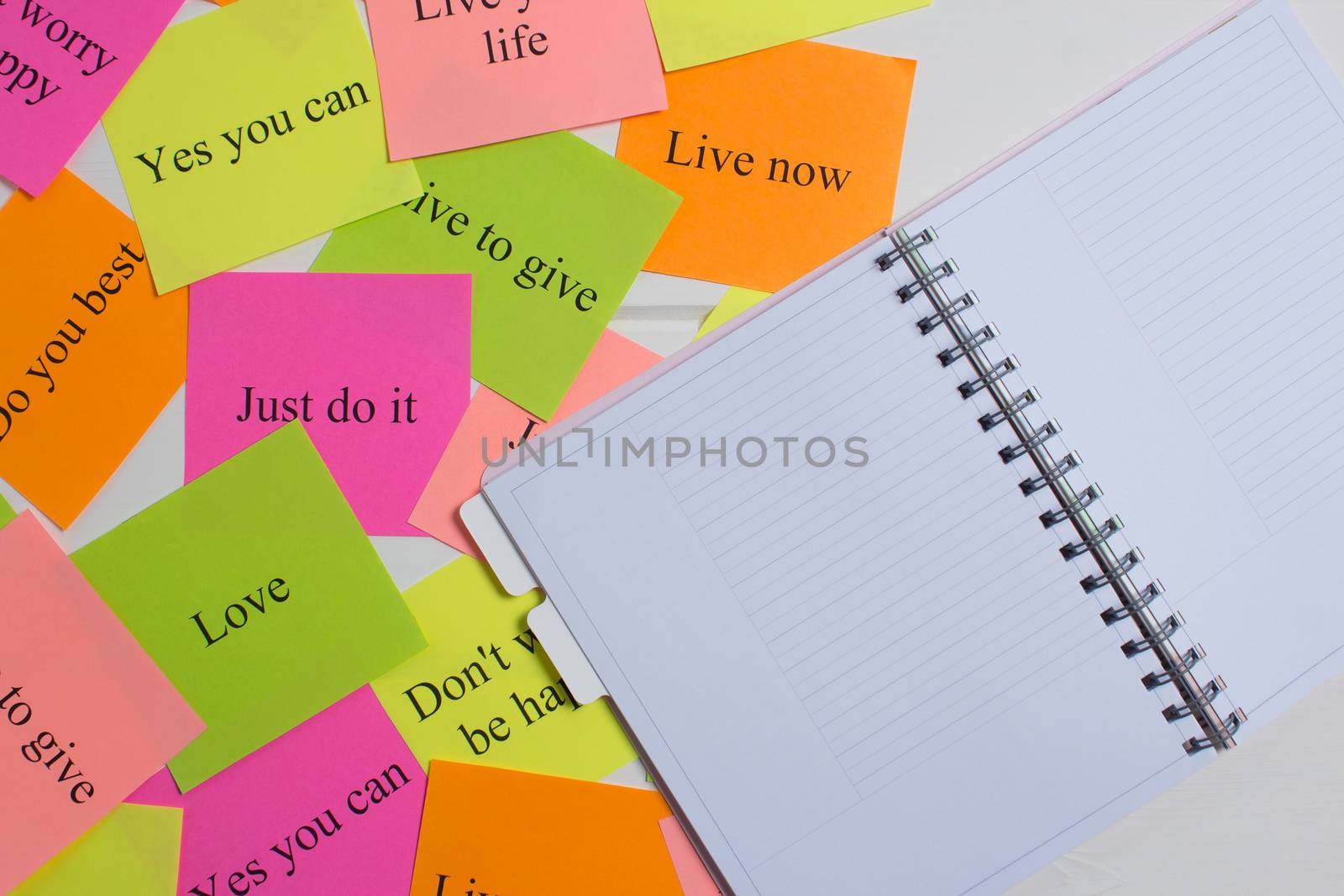 Motivational words on colorful stickers on white background. A vision Board. Copy space. Cards with words. Affirmation, development, training, seminar. Plan, strategy, to-do list, concept. Creativity,