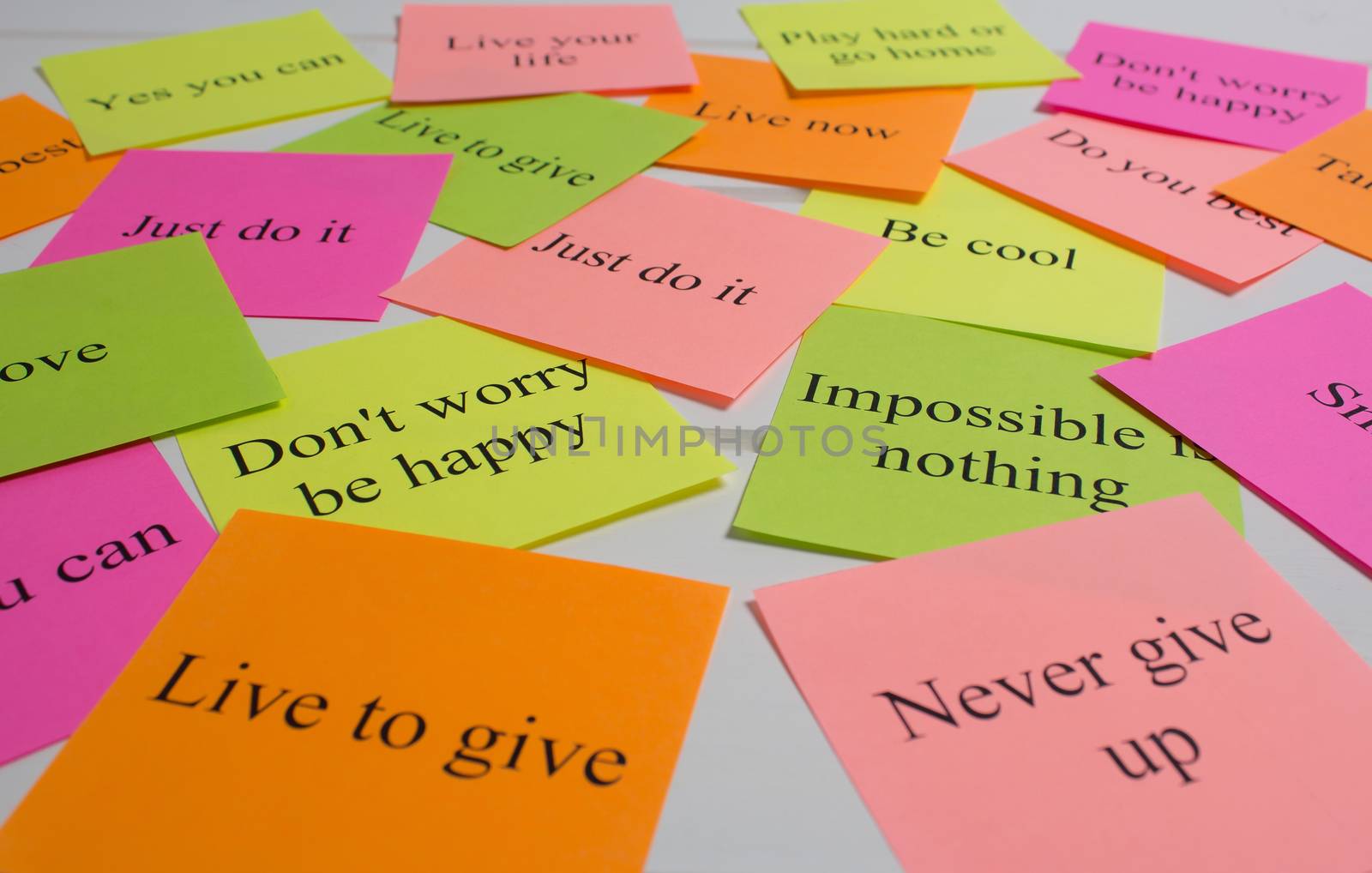 Motivational words on colorful stickers on white background. A vision Board. Cards with words. Affirmation, development, training, seminar. Plan, strategy, to-do list, concept. Creativity, project, ar