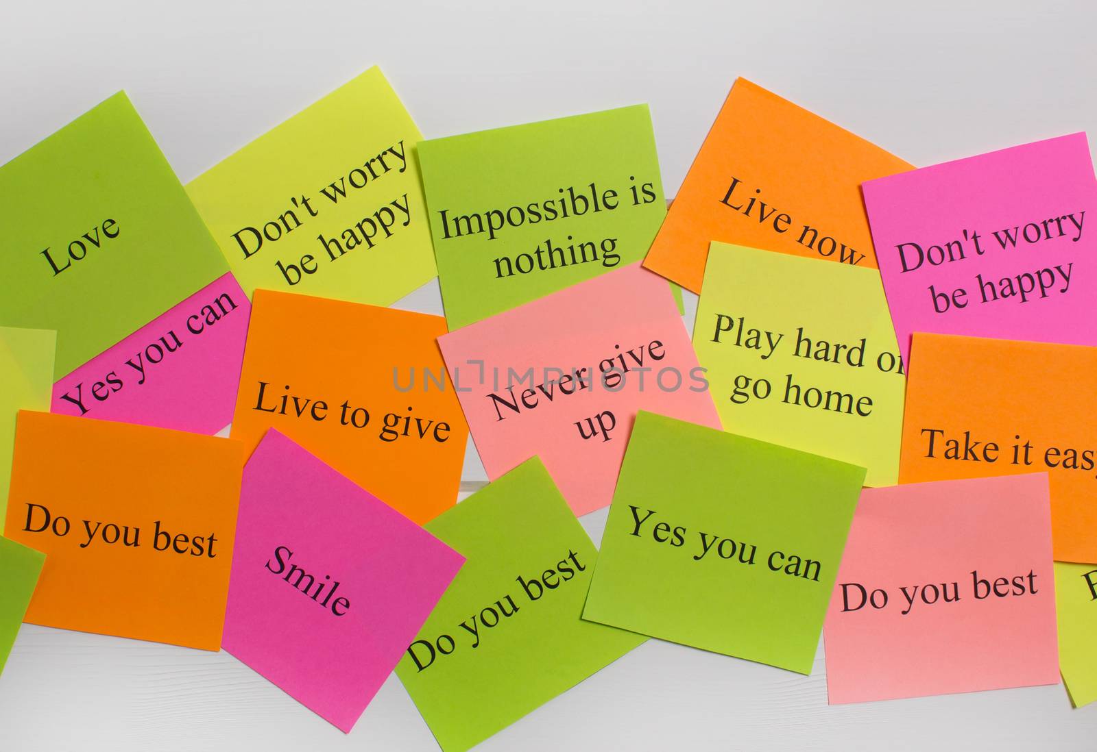 Motivational words on colorful stickers on white background. A vision Board. Cards with words. Affirmation, development, training, seminar. Plan, strategy, to-do list, concept. Creativity, project, ar
