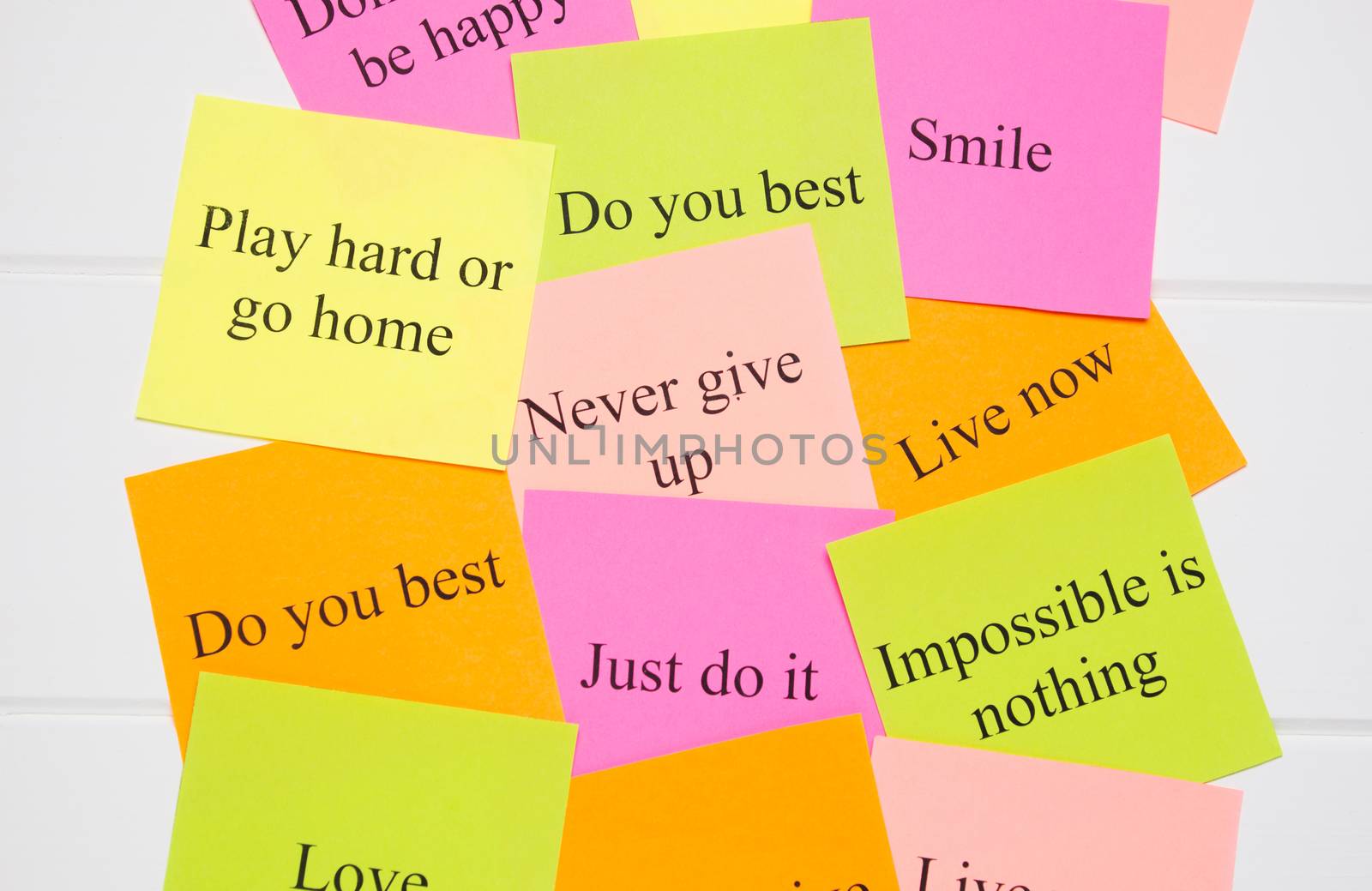 Motivational words on colorful stickers on white background. A vision Board. Cards with words. Affirmation, development, training, seminar. Plan, strategy, to-do list, concept. Creativity, project, art
