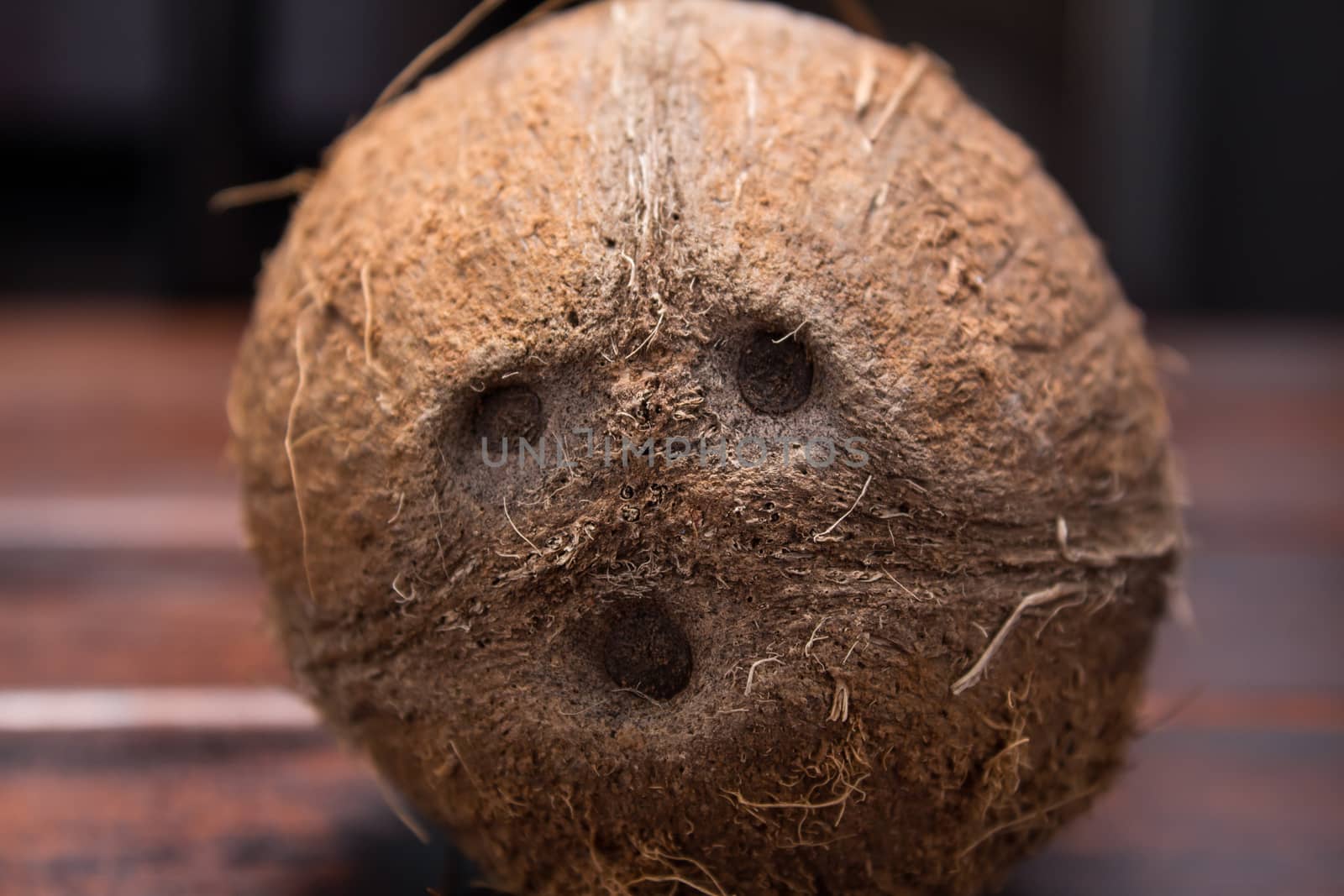 The eyes of the coconut. A screaming face with eyes and nose, a smile. Coconut close-up. Tropical fruit, nut. Exotic, vegetarian, vegan, dietary, proper nutrition, healthy lifestyle.