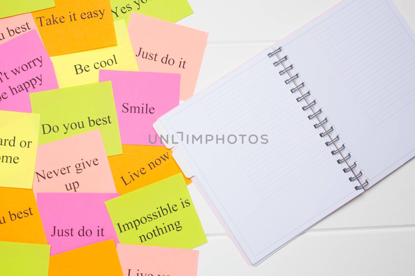 Motivational words on colorful stickers on white background. A vision Board. Copy space. Cards with words. Affirmation, development, training, seminar. Plan, strategy, to-do list, concept. Creativity,