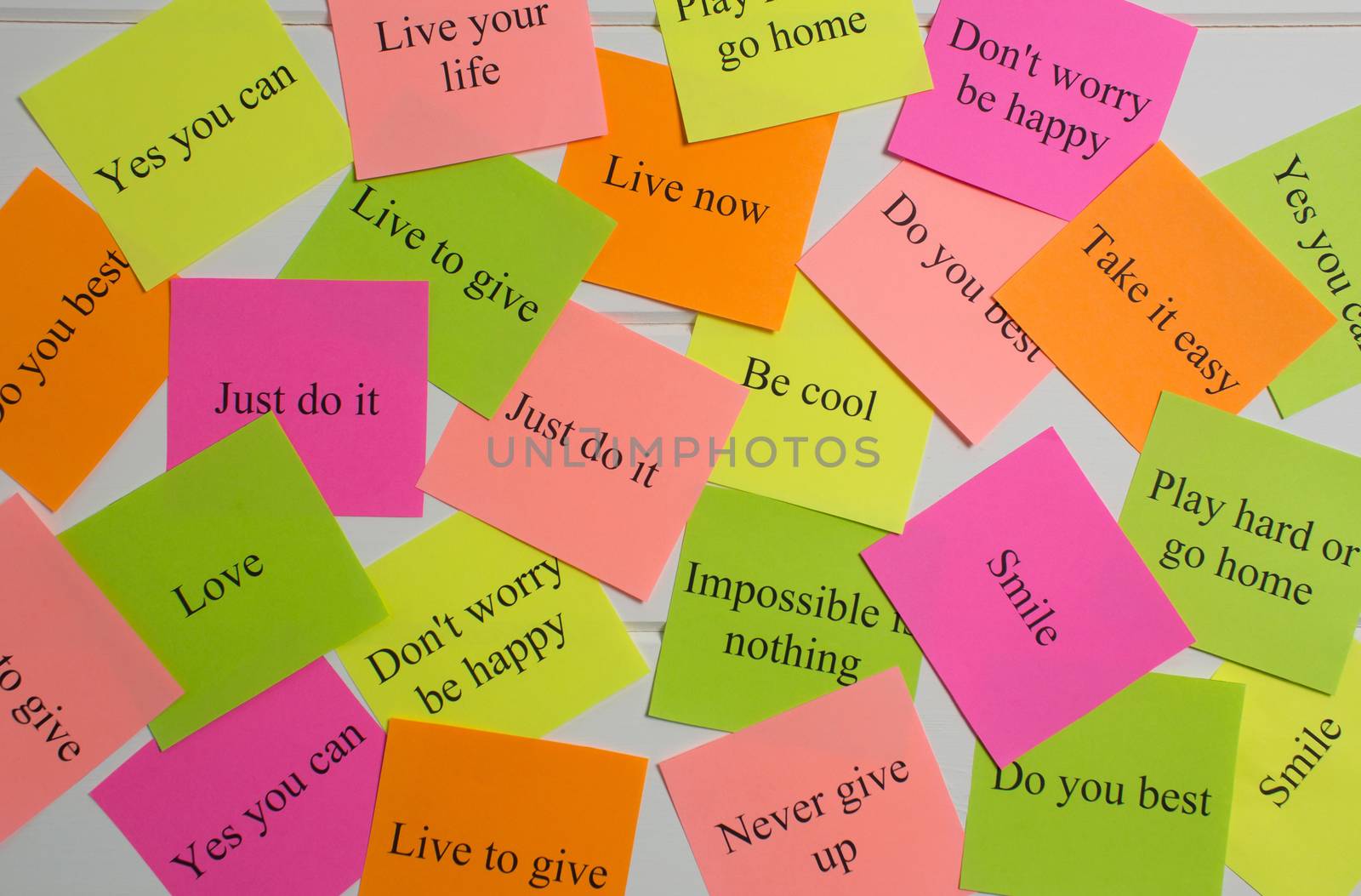 Motivational words on colorful stickers on white background. A vision Board. Cards with words. Affirmation, development, training, seminar. Plan, strategy, to-do list, concept. Creativity, project,