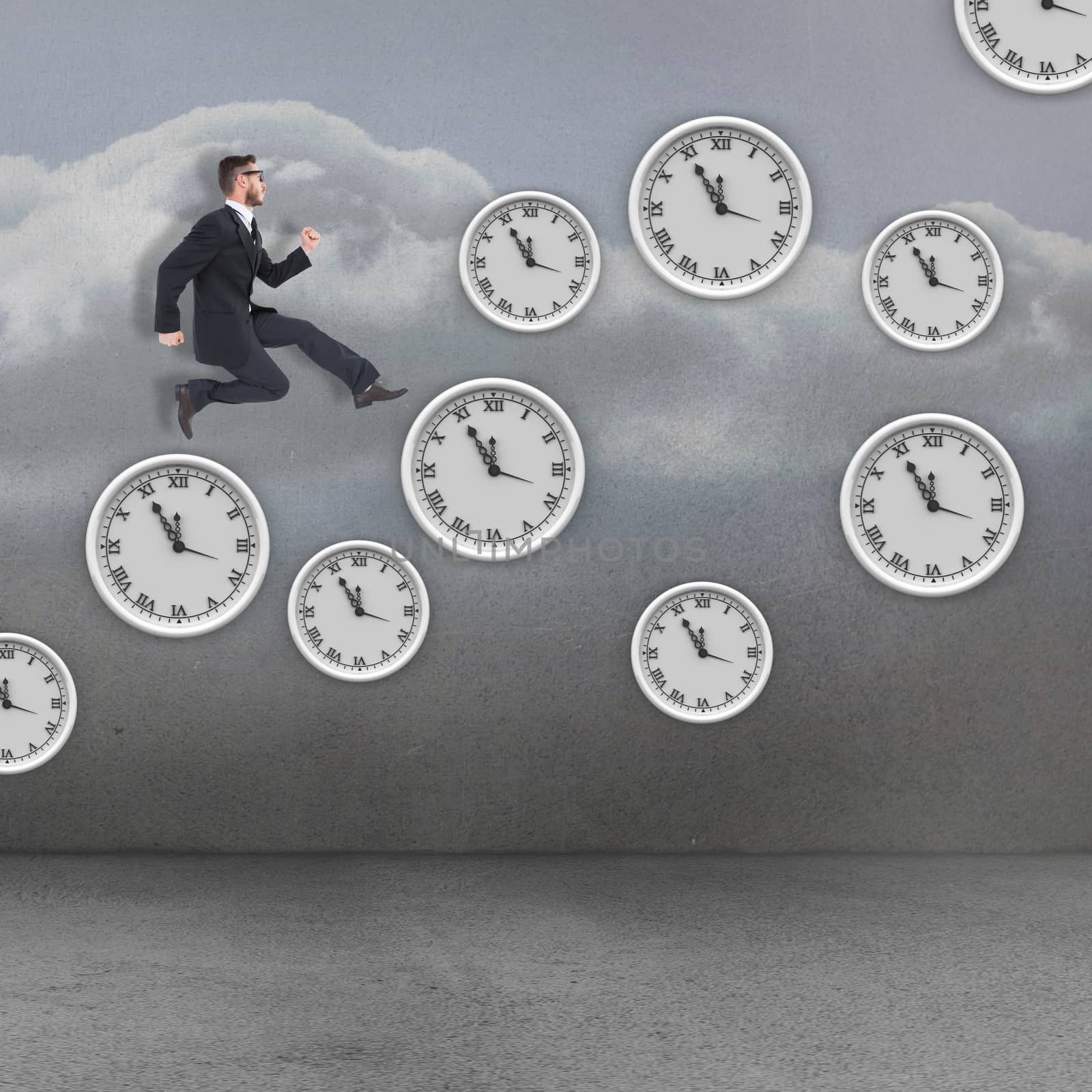 Geeky young businessman running mid air against clouds in a room