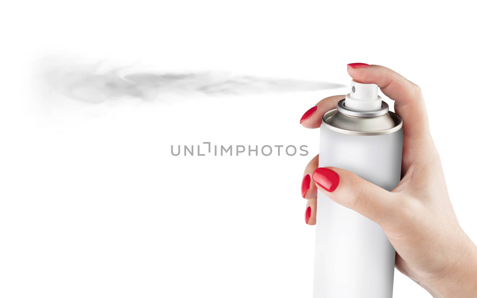 Woman spraying paint from can on white background. Aerosol spray can, metal bottle, paint can. Isolated on white background. With clipping path
