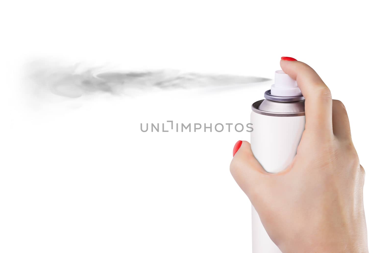 Woman spraying paint from can on white background by SlayCer