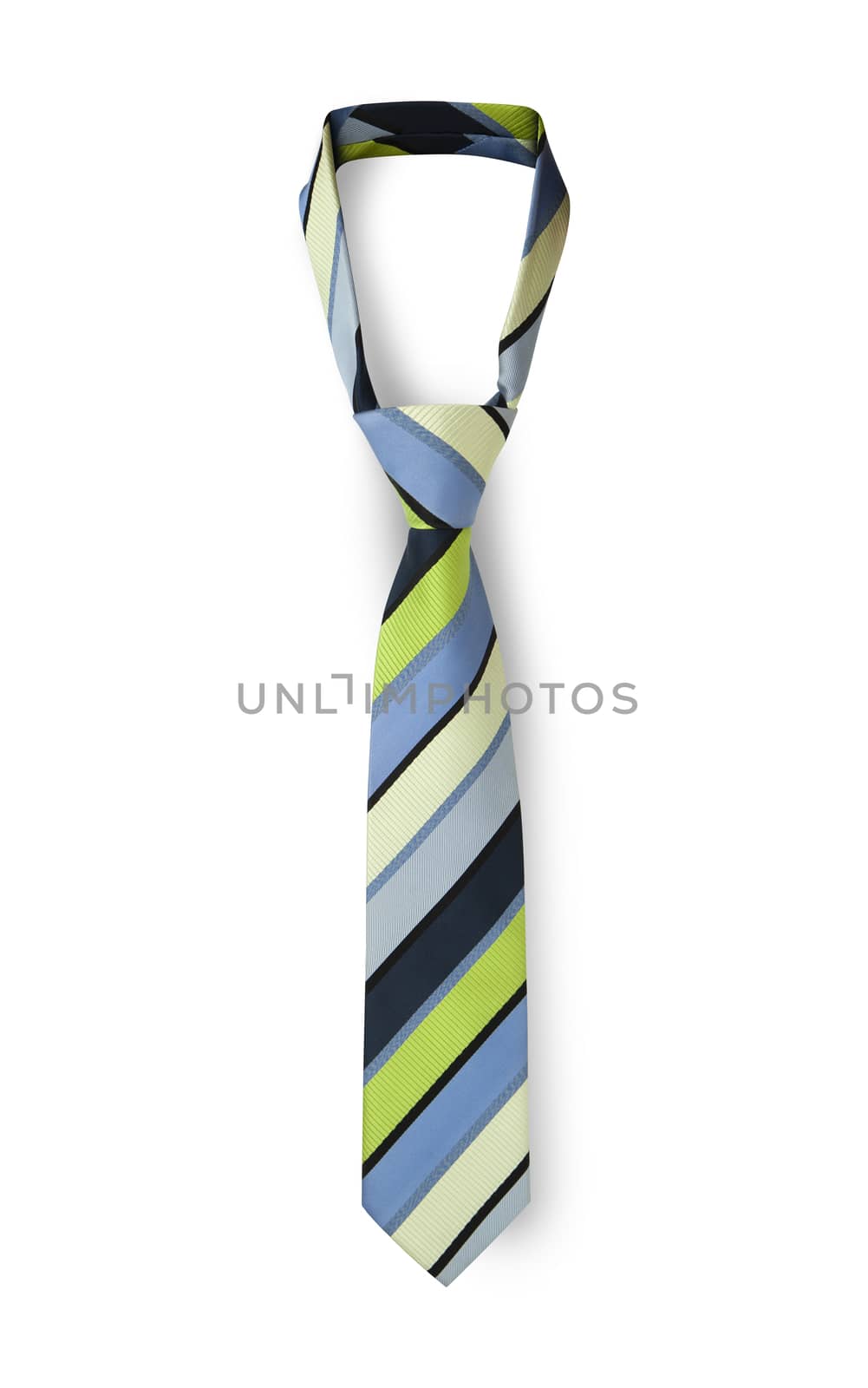 Men's striped tie in different colors taken off for leisure time, isolated on white background. With clipping path.