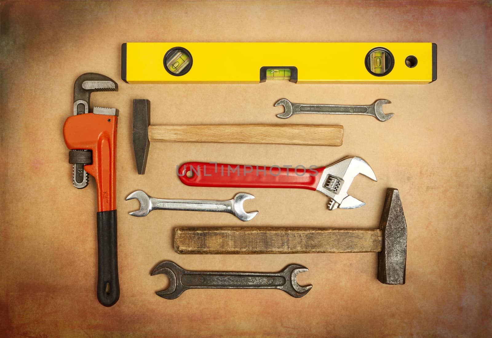 Various tools to work with, hammer, spanner, gas wrench, level t by SlayCer