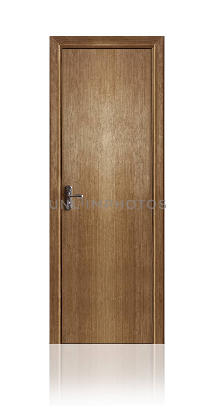 Close up of closed wooden door isolated on white background