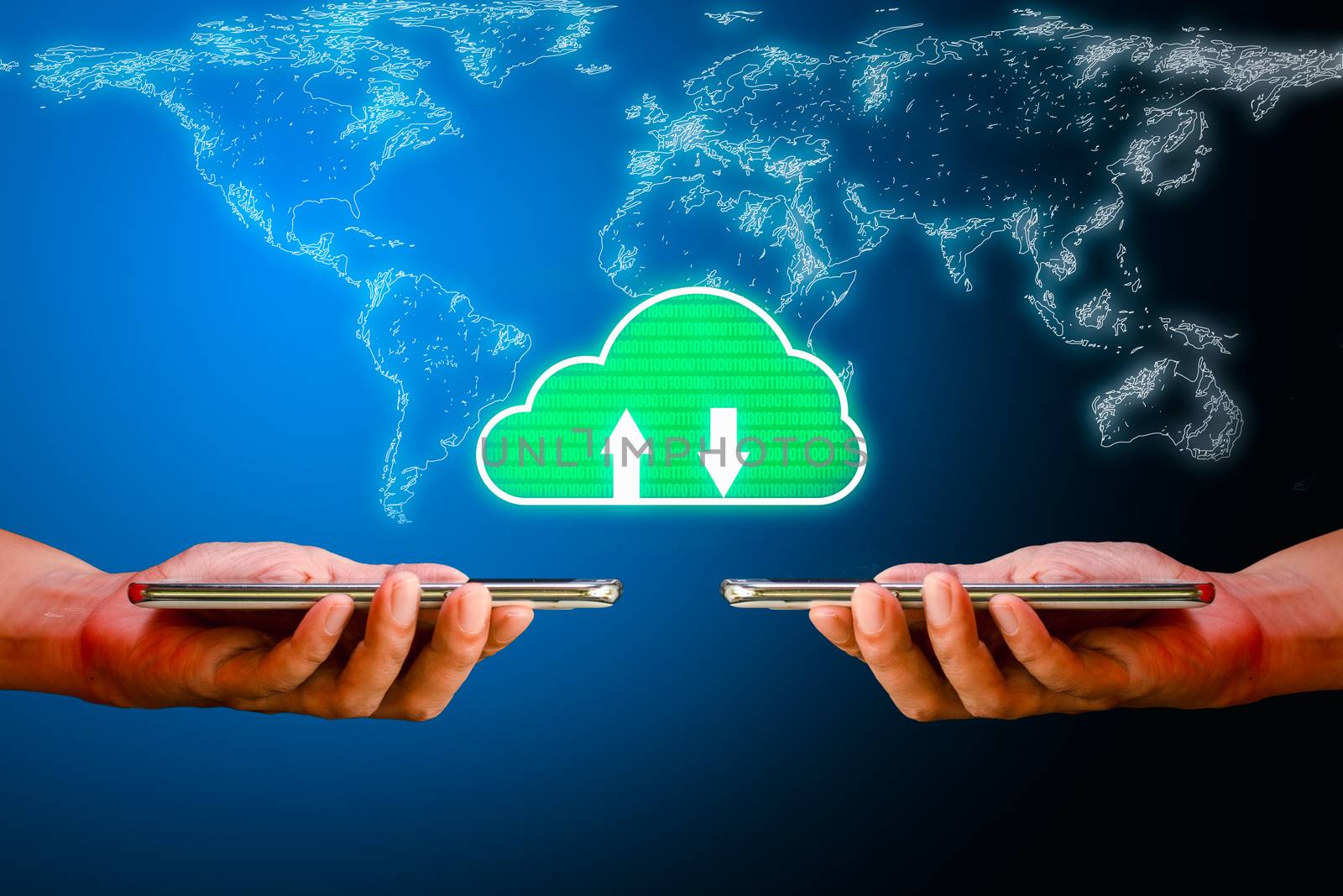 Hand holding smartphone with cloud storage icon and green binary code on white world map background. Communication of business and financial. Cloud data storage concept.