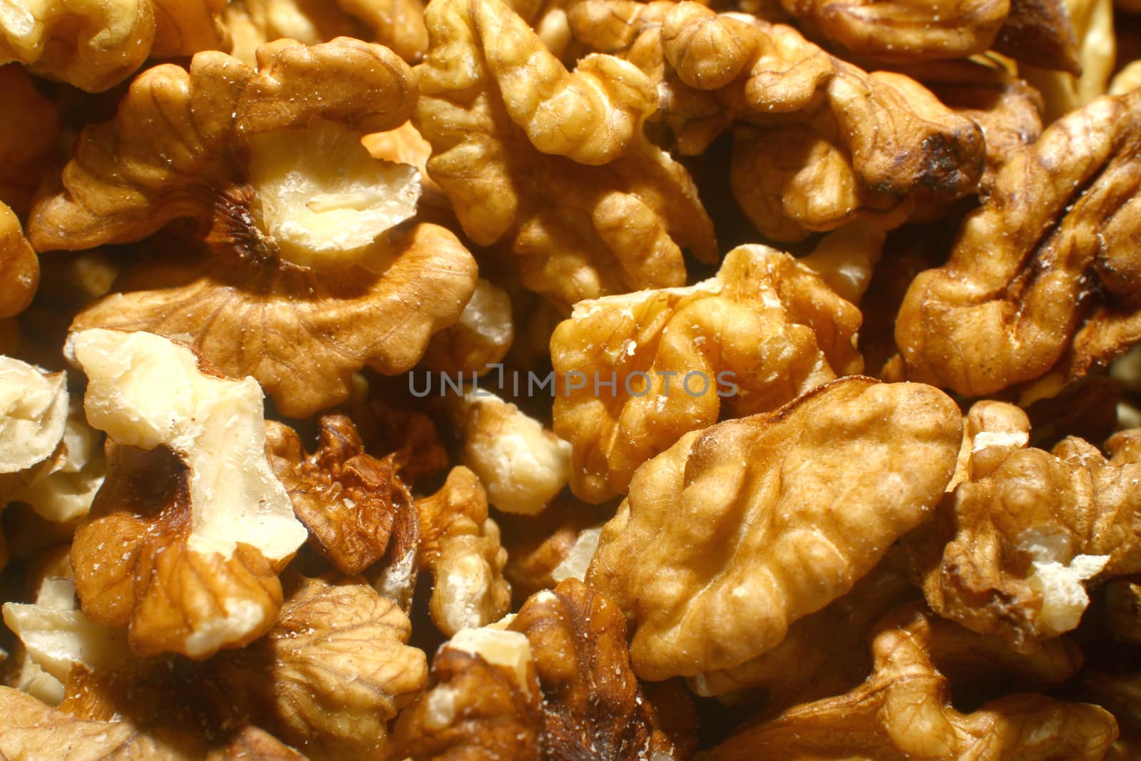 walnuts in healthy food market, close up macro