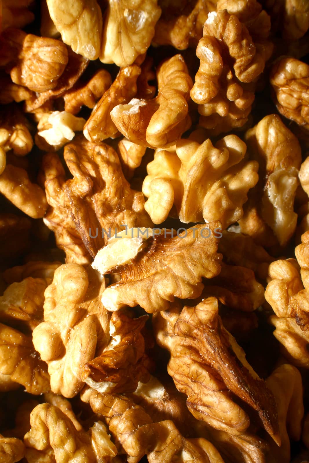 walnuts in healthy food market, close up macro