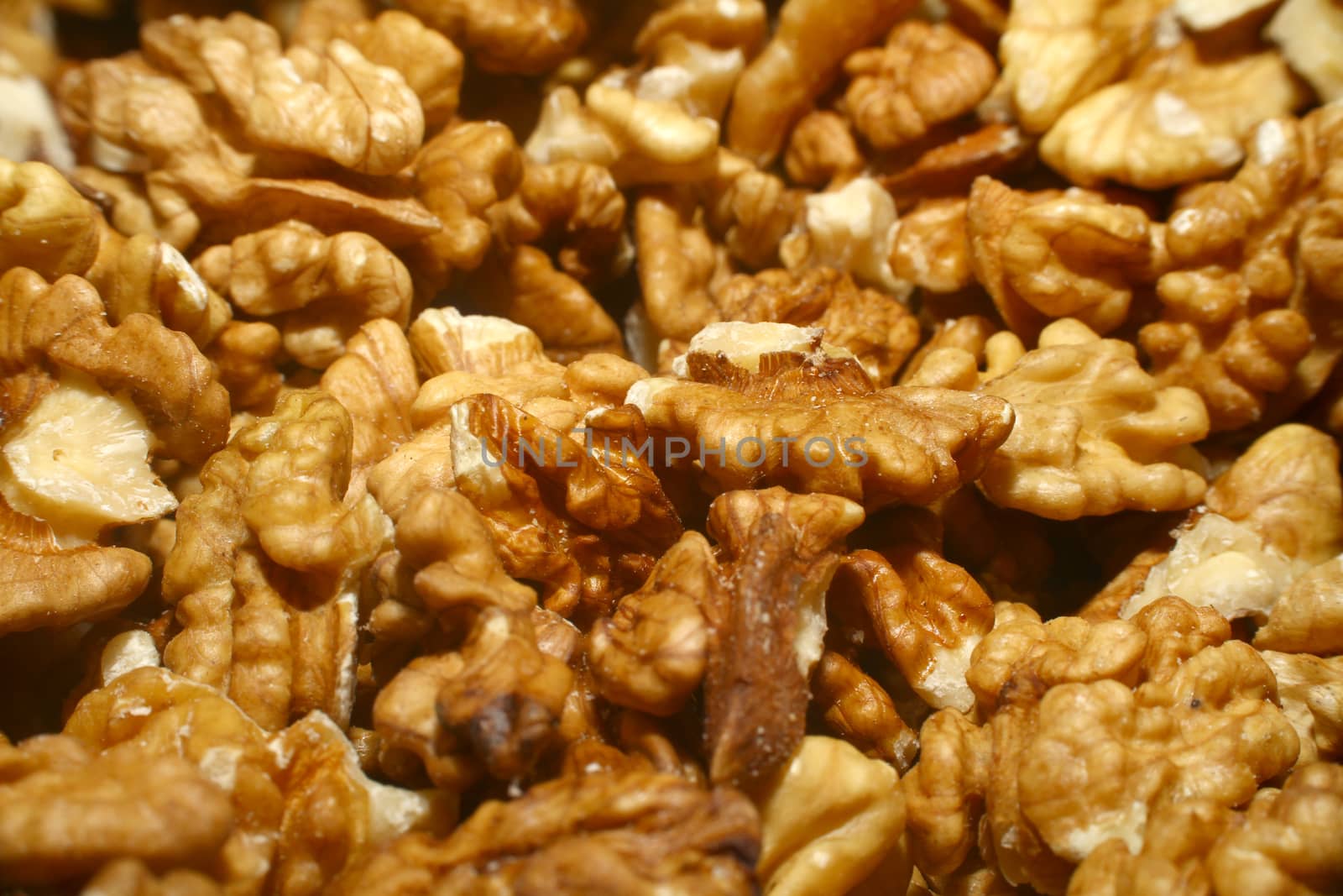 walnuts in healthy food market, close up macro