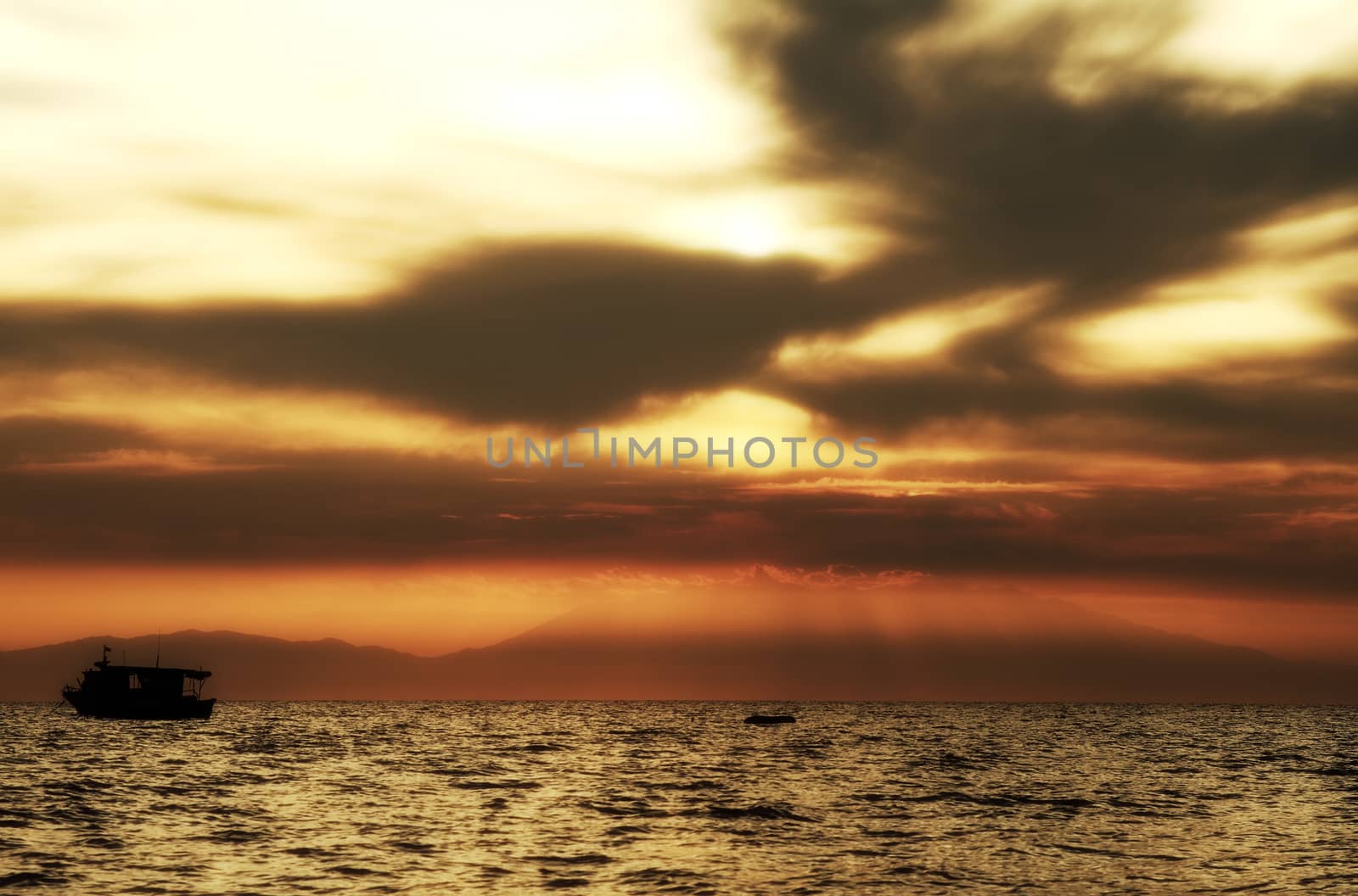 Red purple orange sunset over sea, beautiful cloud space