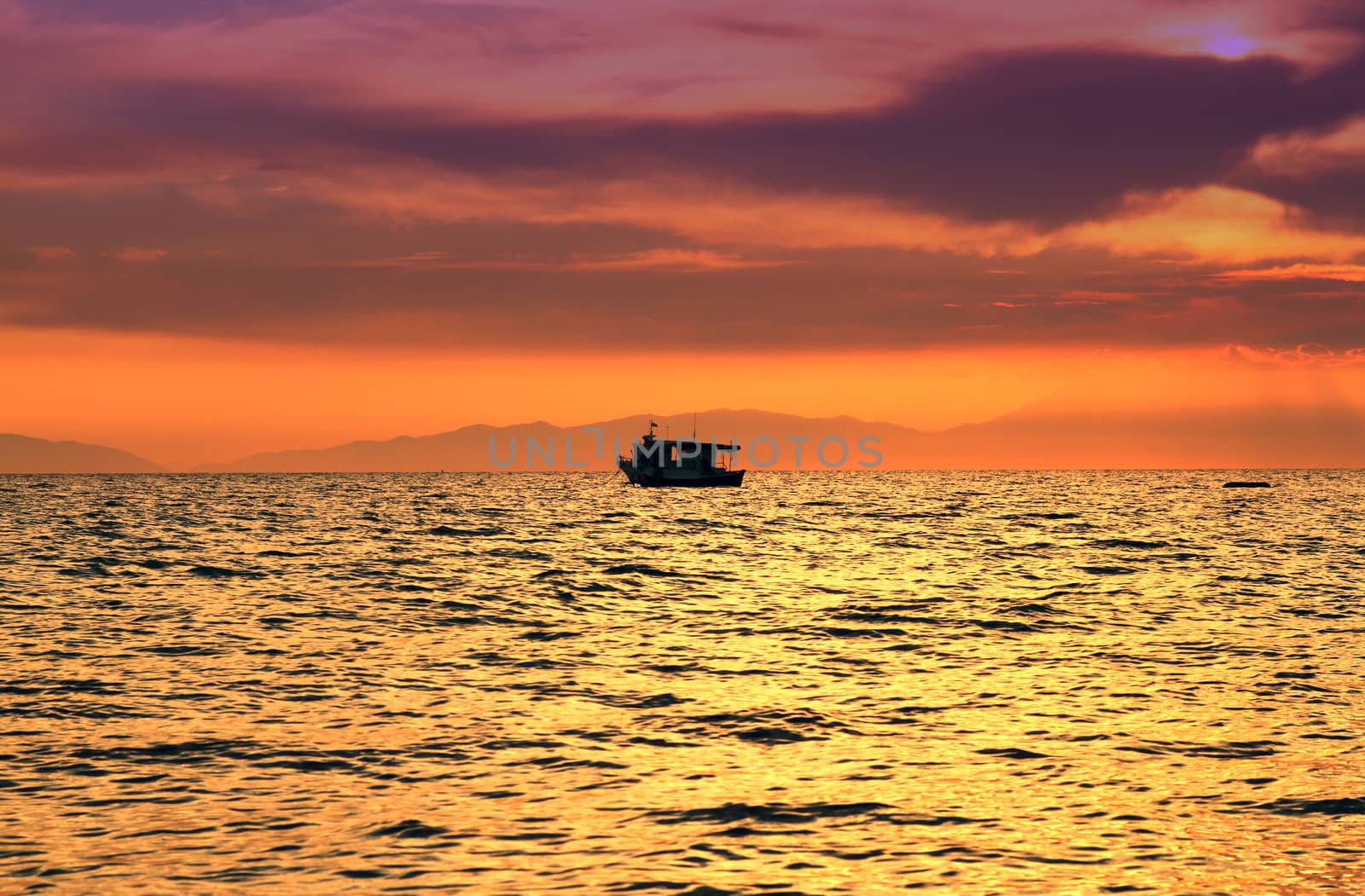 Red purple orange sunset over sea, beautiful cloud space