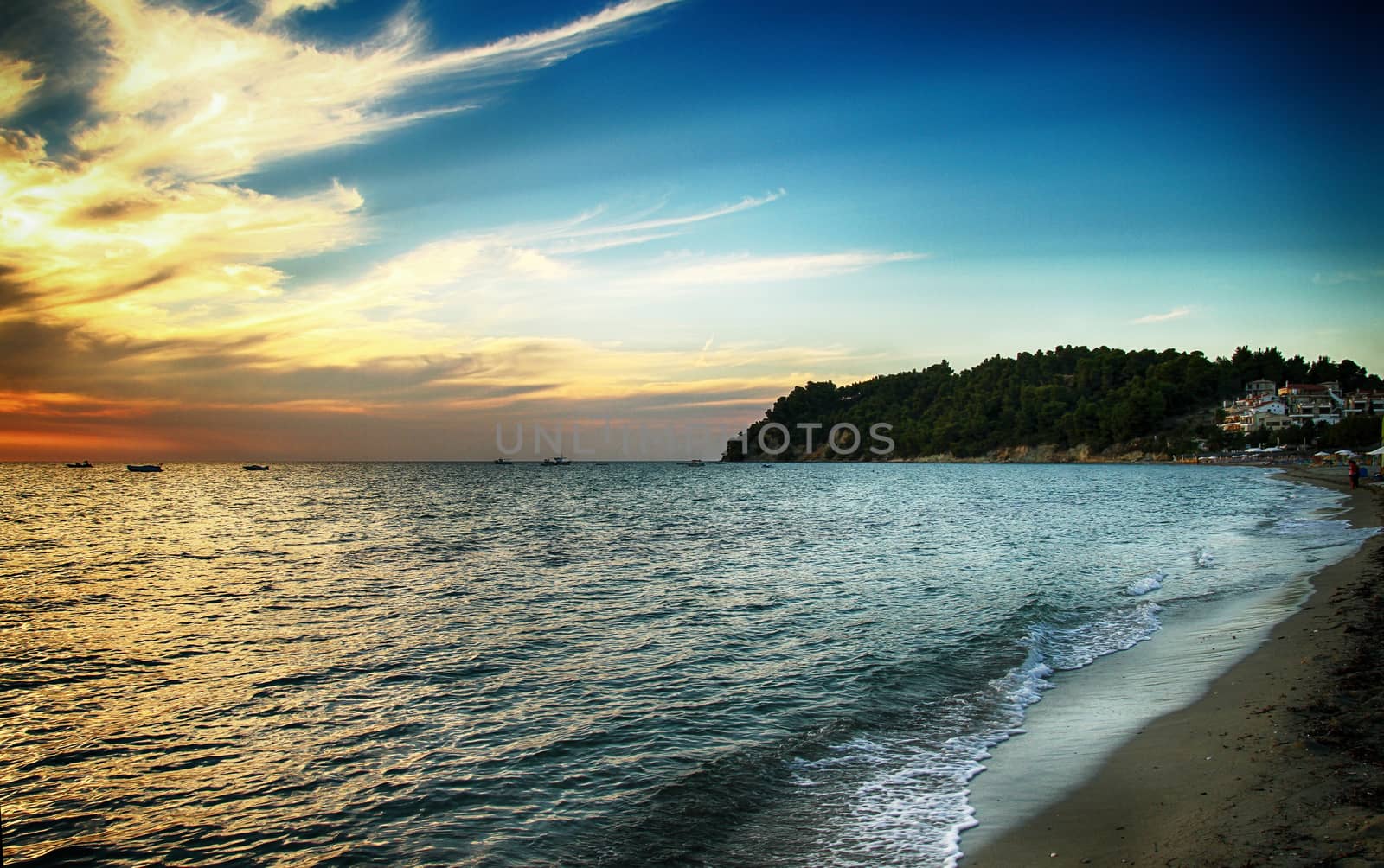 Red purple orange sunset over sea, beautiful cloud space