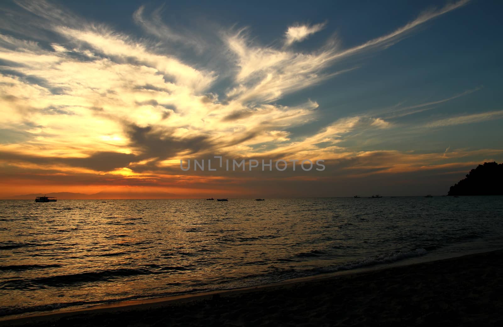 Red purple orange sunset over sea, beautiful cloud space