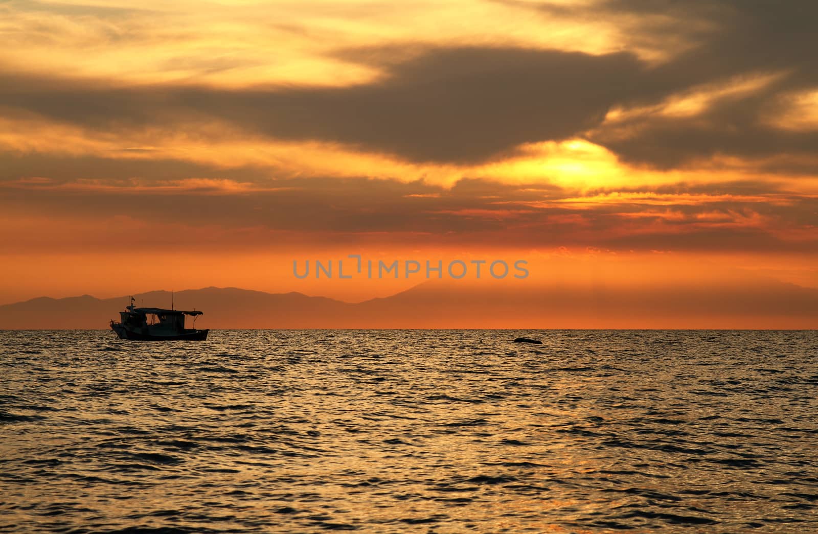 Red purple orange sunset over sea, beautiful cloud space