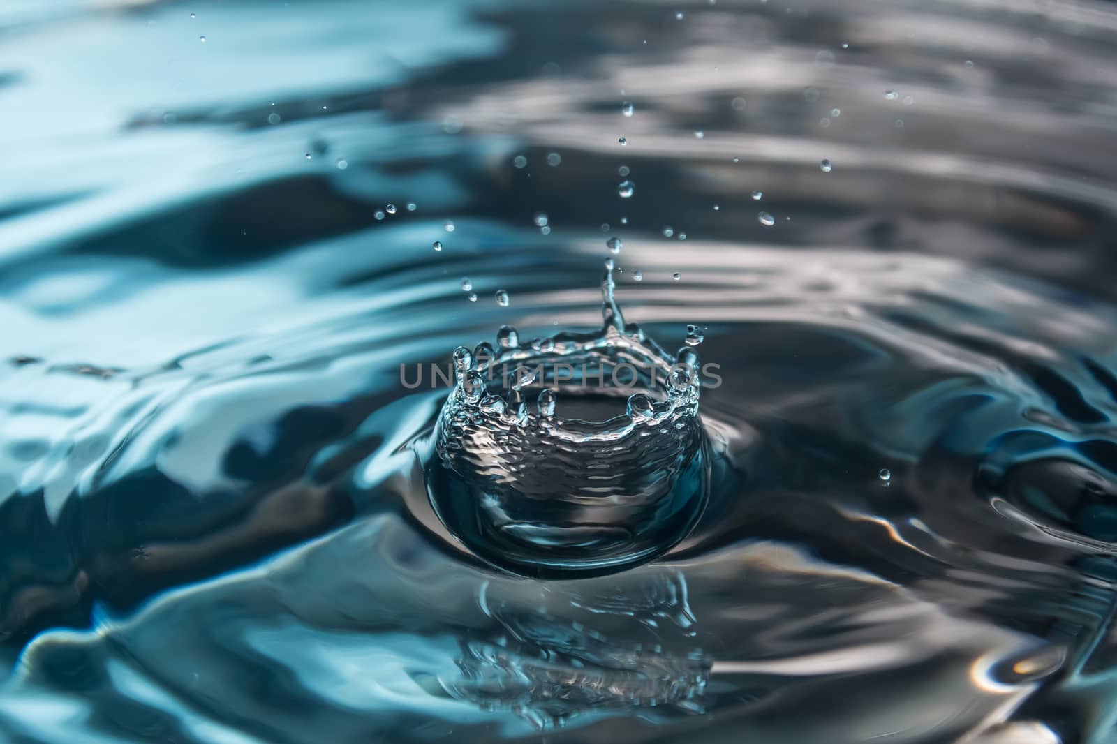 Water splash or drop. Water splash close-up. Blue water drop. Falling water