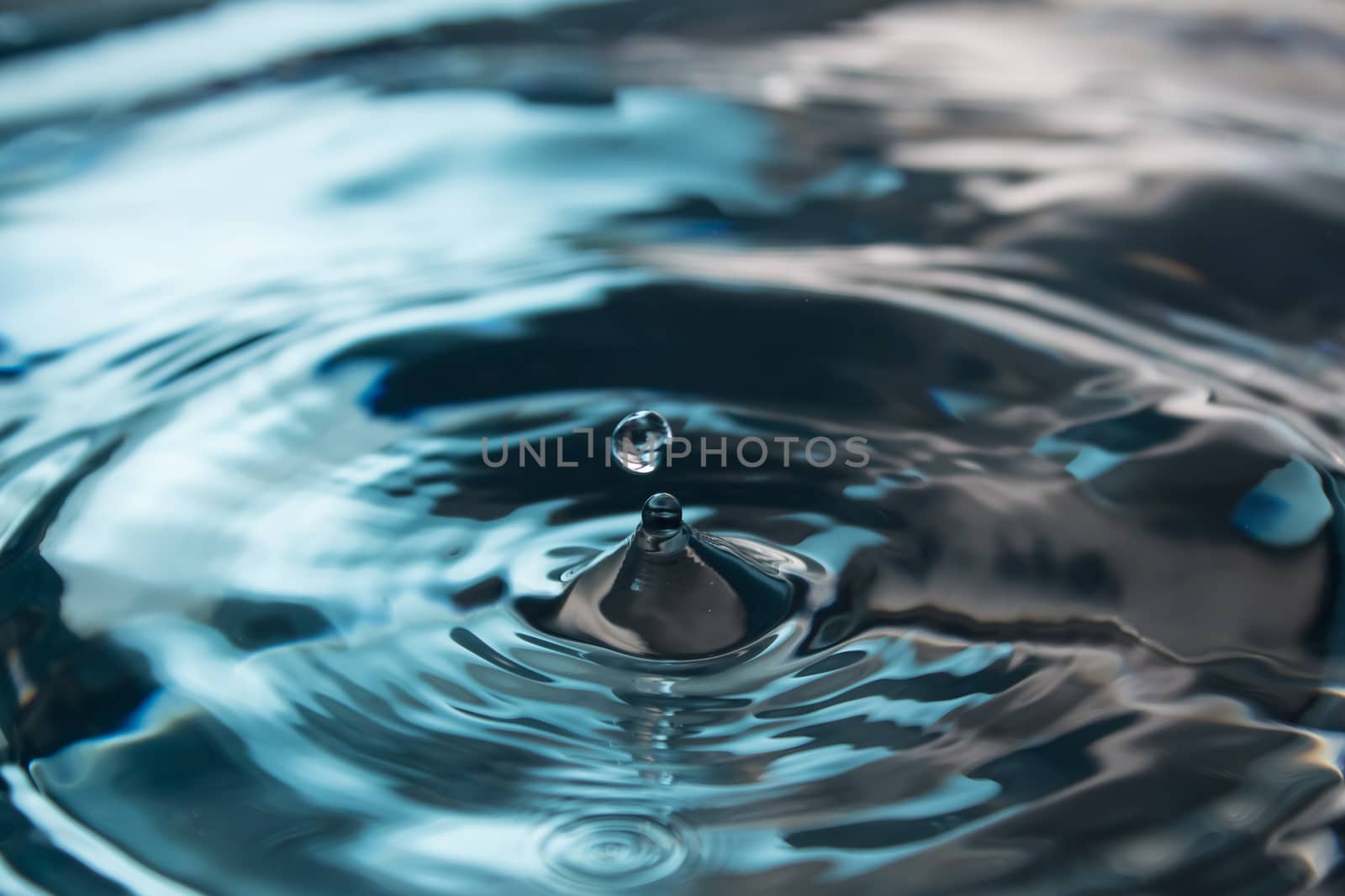 Water splash or drop. Water splash close-up. Blue water drop. Falling water