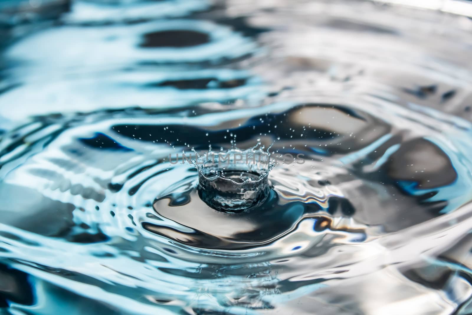 Water splash or drop. Water splash close-up. Blue water drop. Falling water