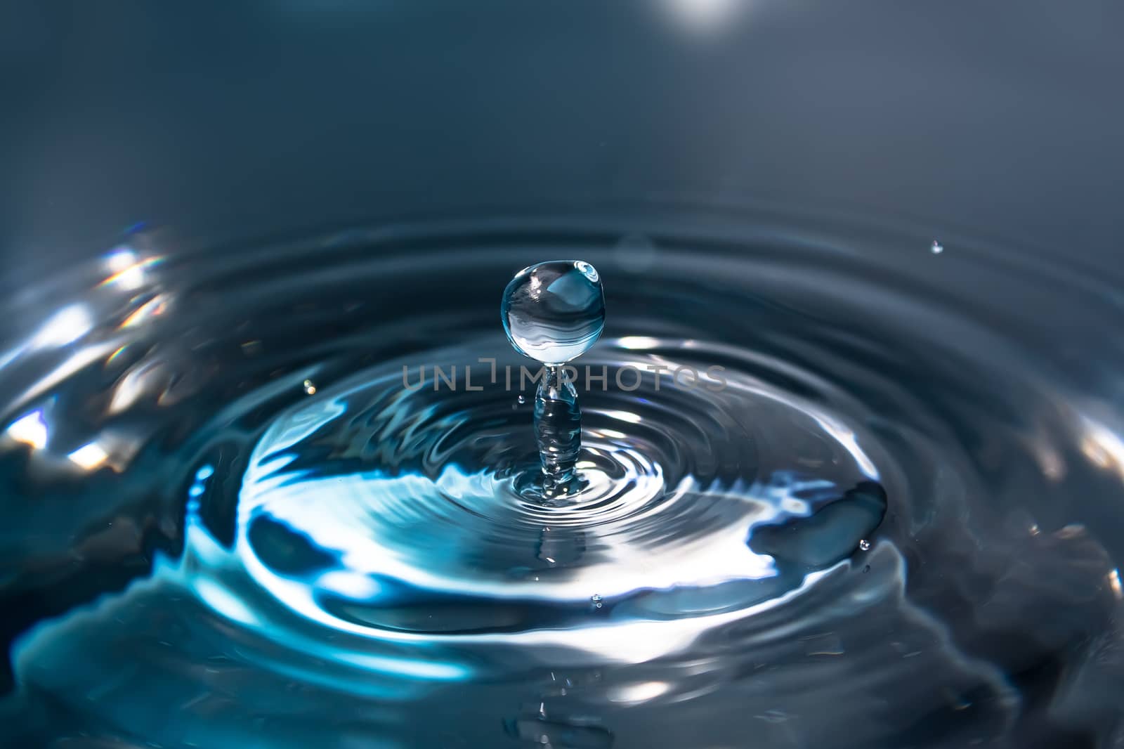 Water splash or drop. Water splash close-up. Blue water drop. Falling water