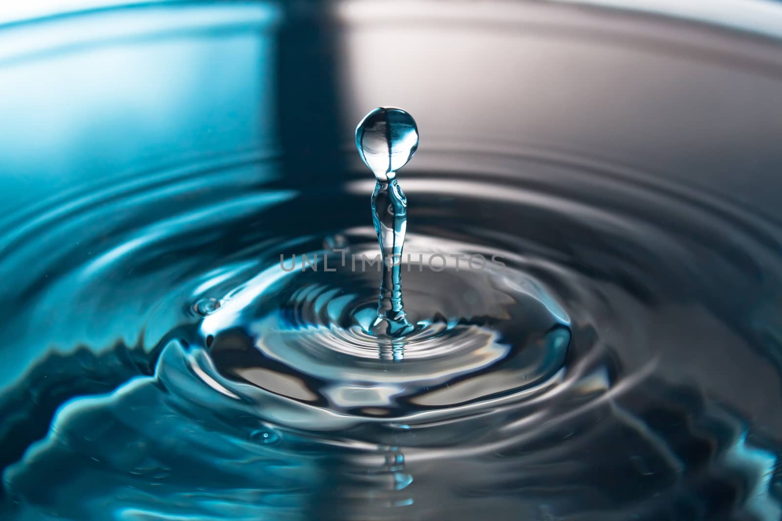 Water splash or drop. Water splash close-up. Blue water drop. Falling water