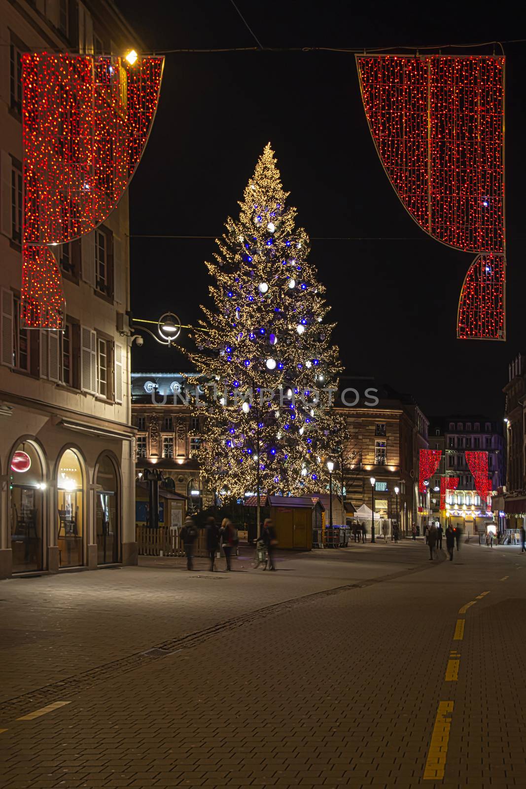 Giant Christmas tree at the Kleber place in Strasbourg city at night during the year end celebration, Strasbourg, France