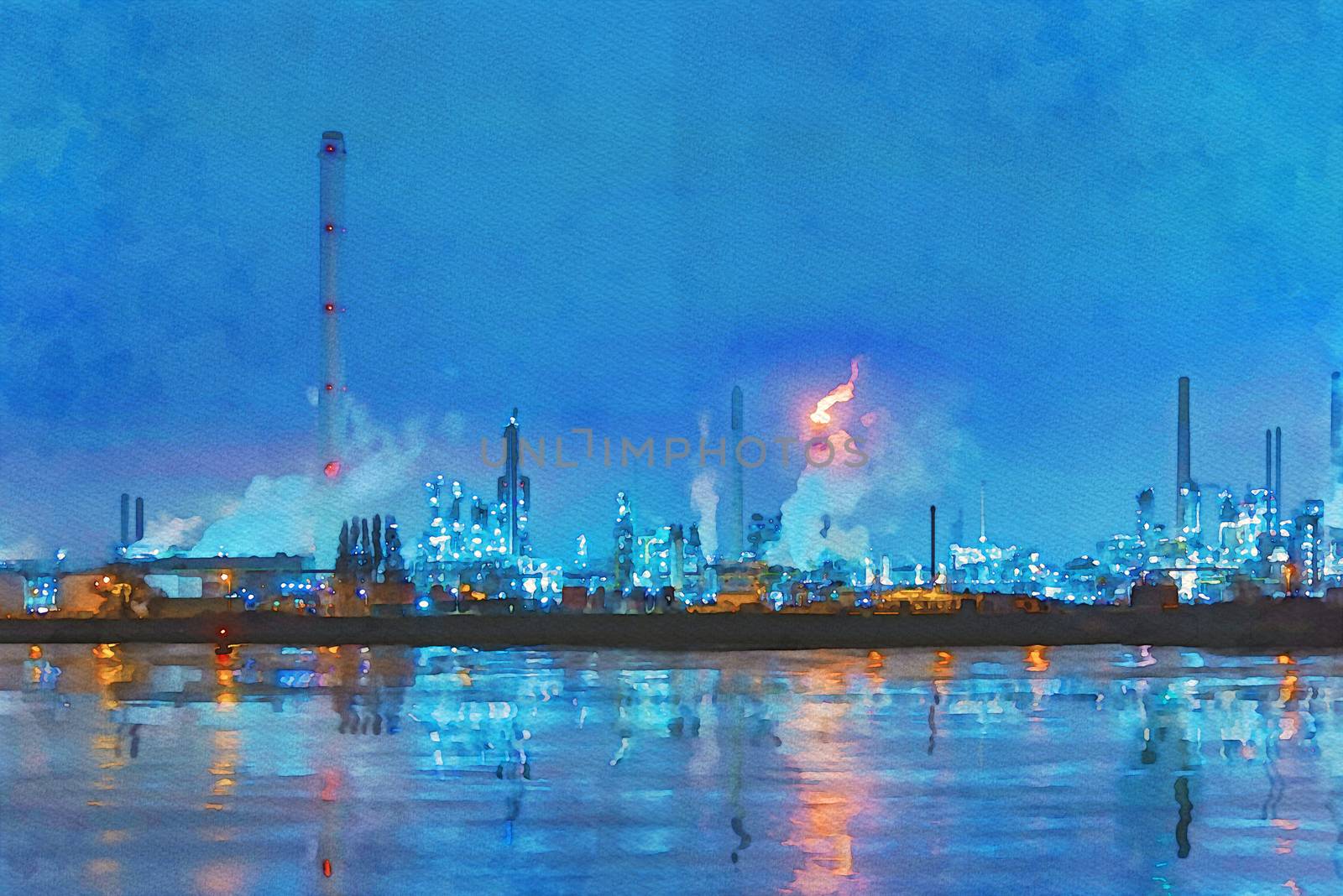 Digital watercolor painting of the refineries reflection and its chimney during the on fire sunset golden hour moment at Rotterdam, Netherlands