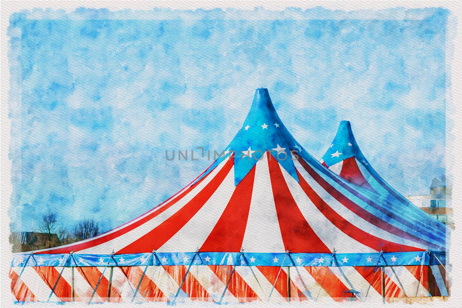 Digital watercolor painting red and white circus tent topped with bleu starred cover against a sunny blue sky with clouds