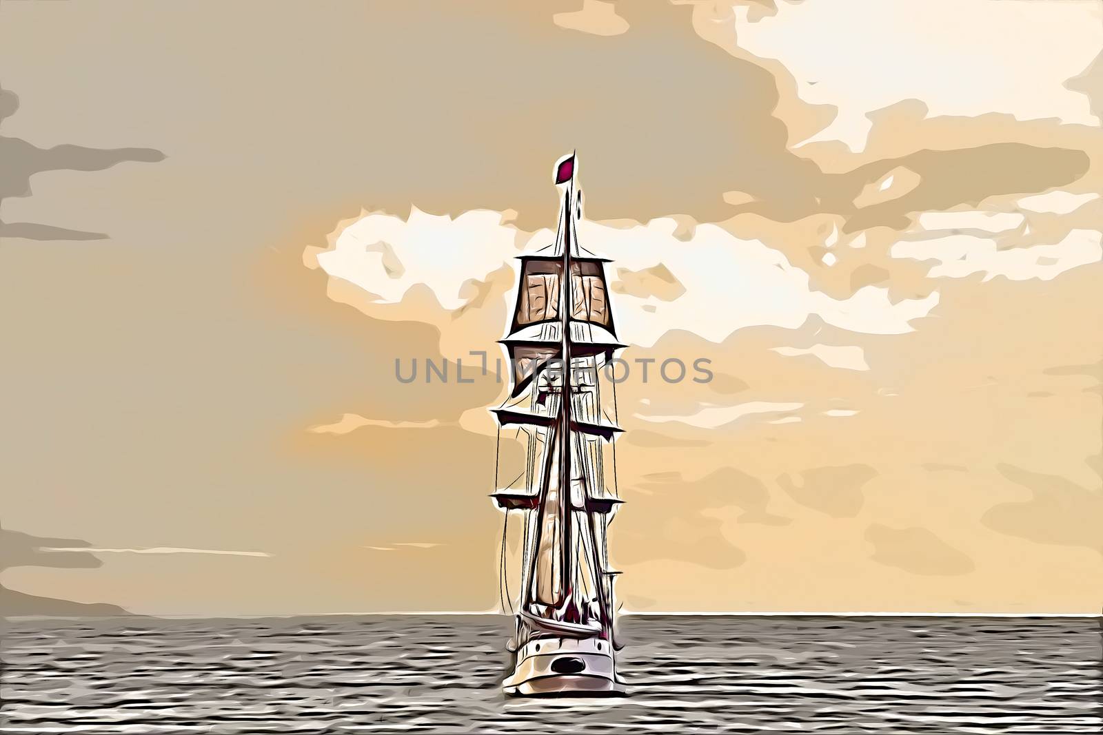 Antique tall ship, vessel leaving the harbor of The Hague, Scheveningen under a early warm sunset sky
