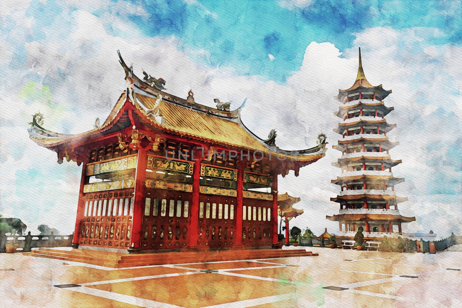 Watercolor of a red chinese pagoda or temple at high mountain hill under a cloudy sky, Cameron Highland, Malaysia by ankorlight