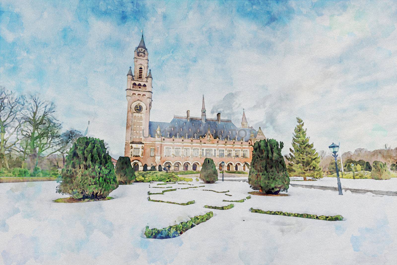 Computer filtered picture imitating watercolor painting of the Peace Palace, Seat of the International Court of Justice in The Hague, Netherlands by ankorlight
