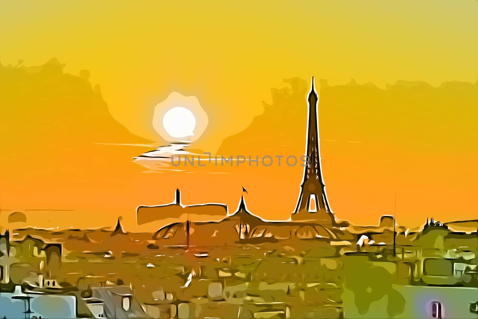 PARIS, 4 December 2016 - Beautiful red sunset sky casting on the illuminated Eiffel tower and the roofs of Paris, France