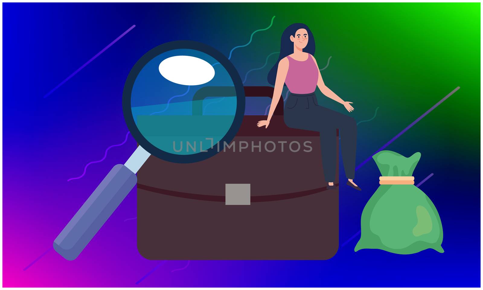 girl sitting on suitcase with full bag of money and magnifying glass