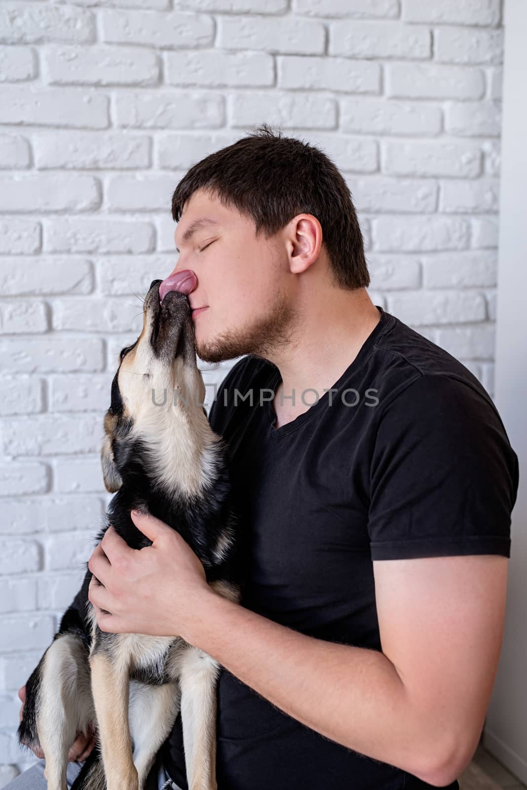Stay home. Pet care. Young man kissing his mixed-breed dog at home