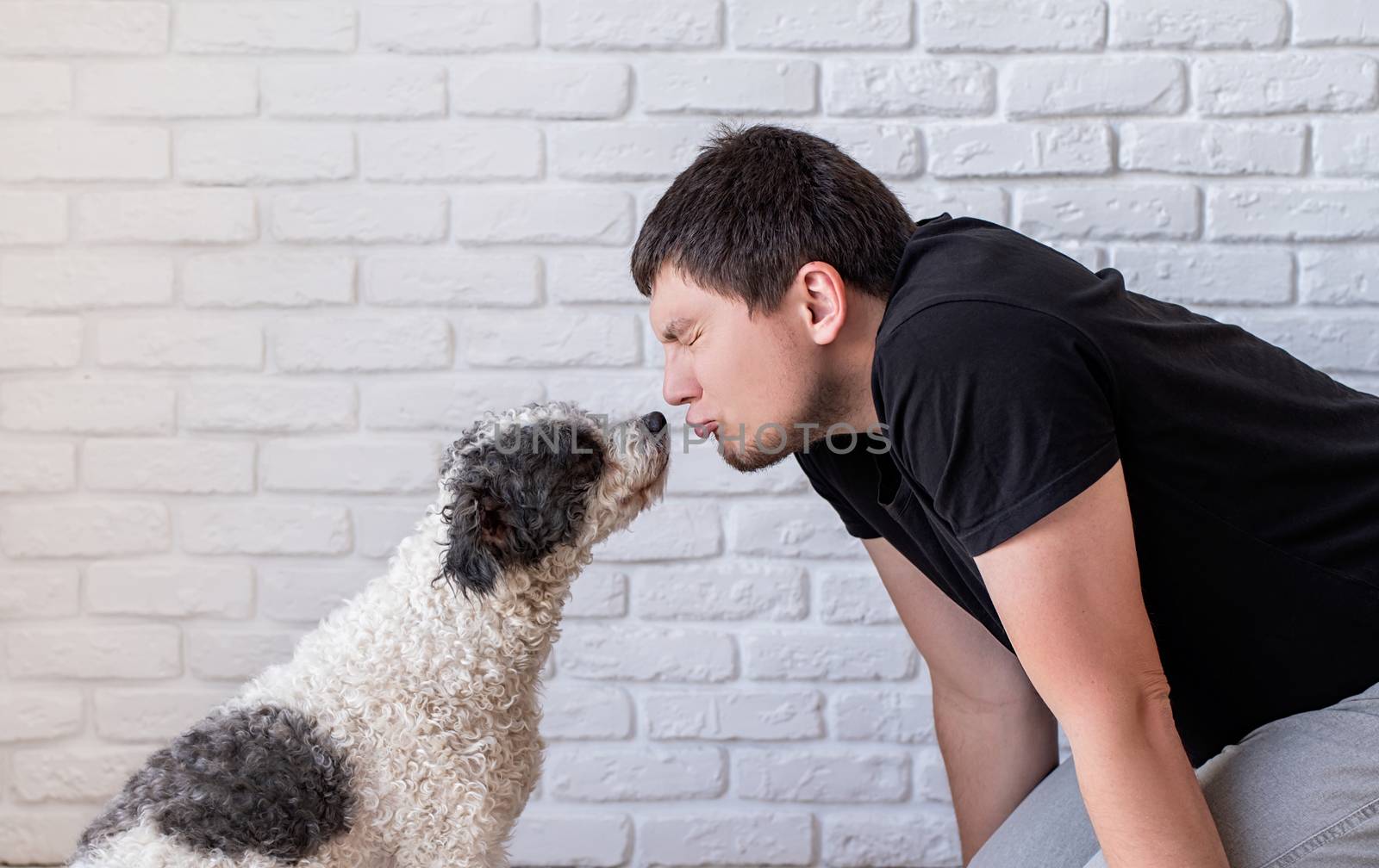 Stay home. Pet care. Young funny man kissing his bichon frise dog. Copy space